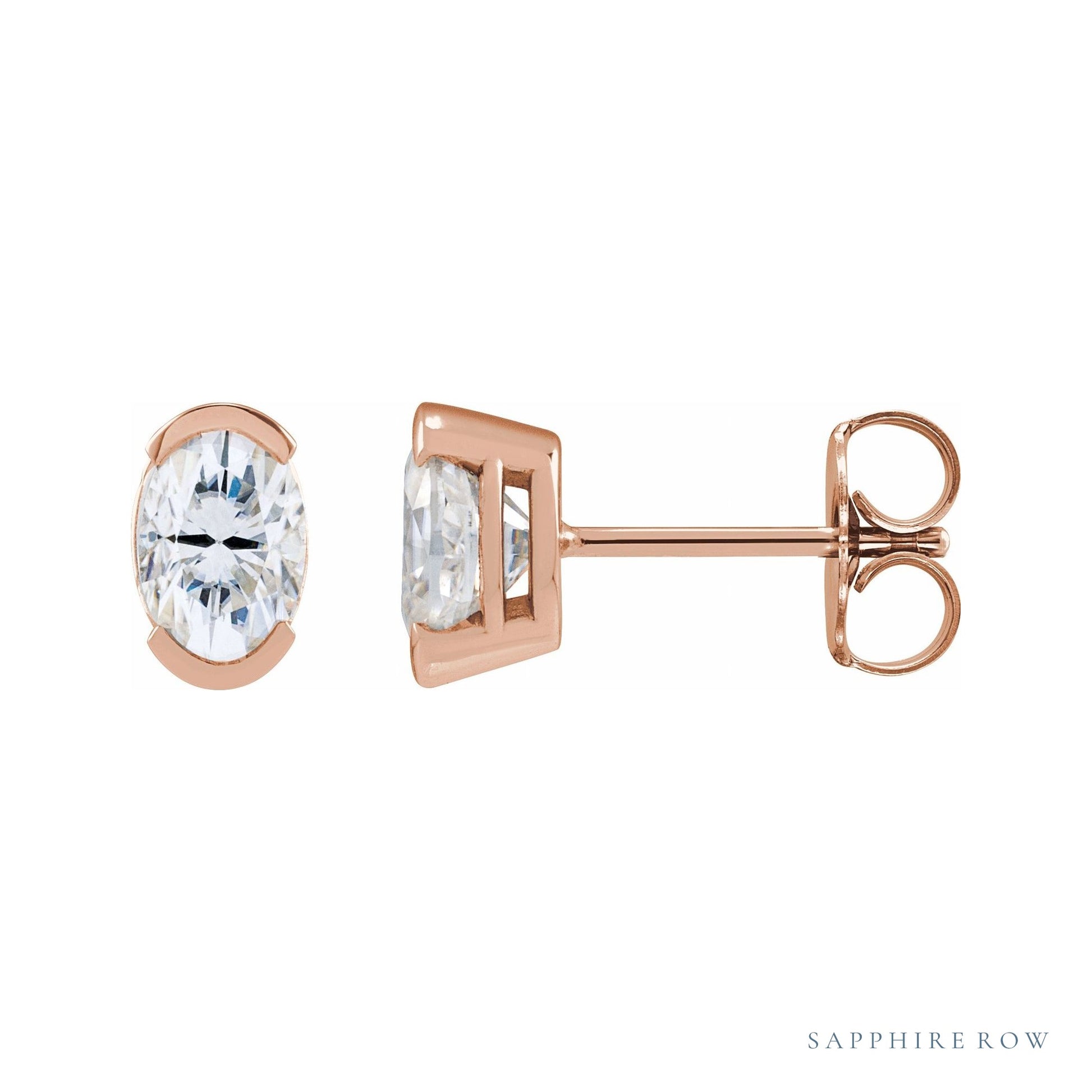 Sapphire Row Lab-Grown Moissanite Half-Bezel Oval Stud Earrings - 14K Rose Gold