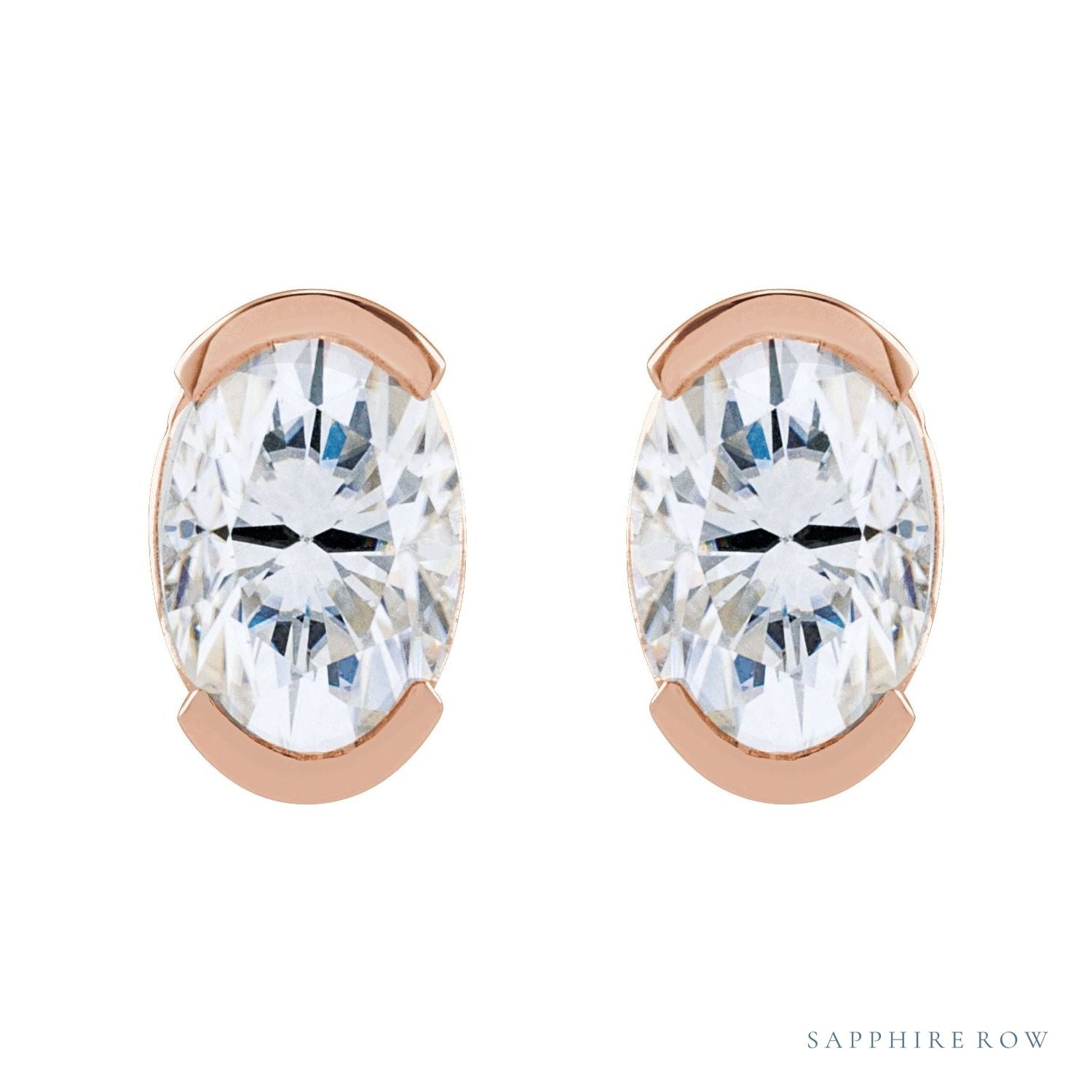 Sapphire Row Lab-Grown Moissanite Half-Bezel Oval Stud Earrings - 14K Rose Gold (view 2)