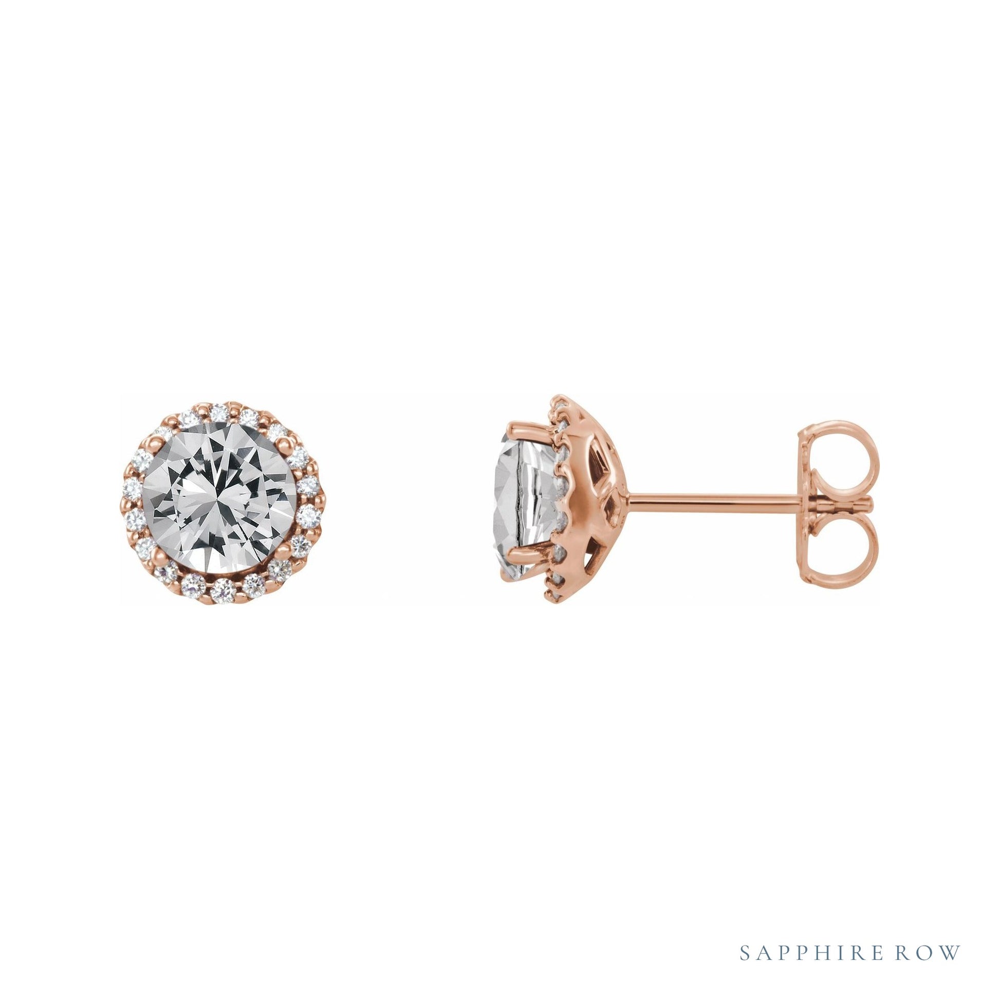 Sapphire Row Natural Diamond Halo Stud Earrings - 14K Rose Gold
