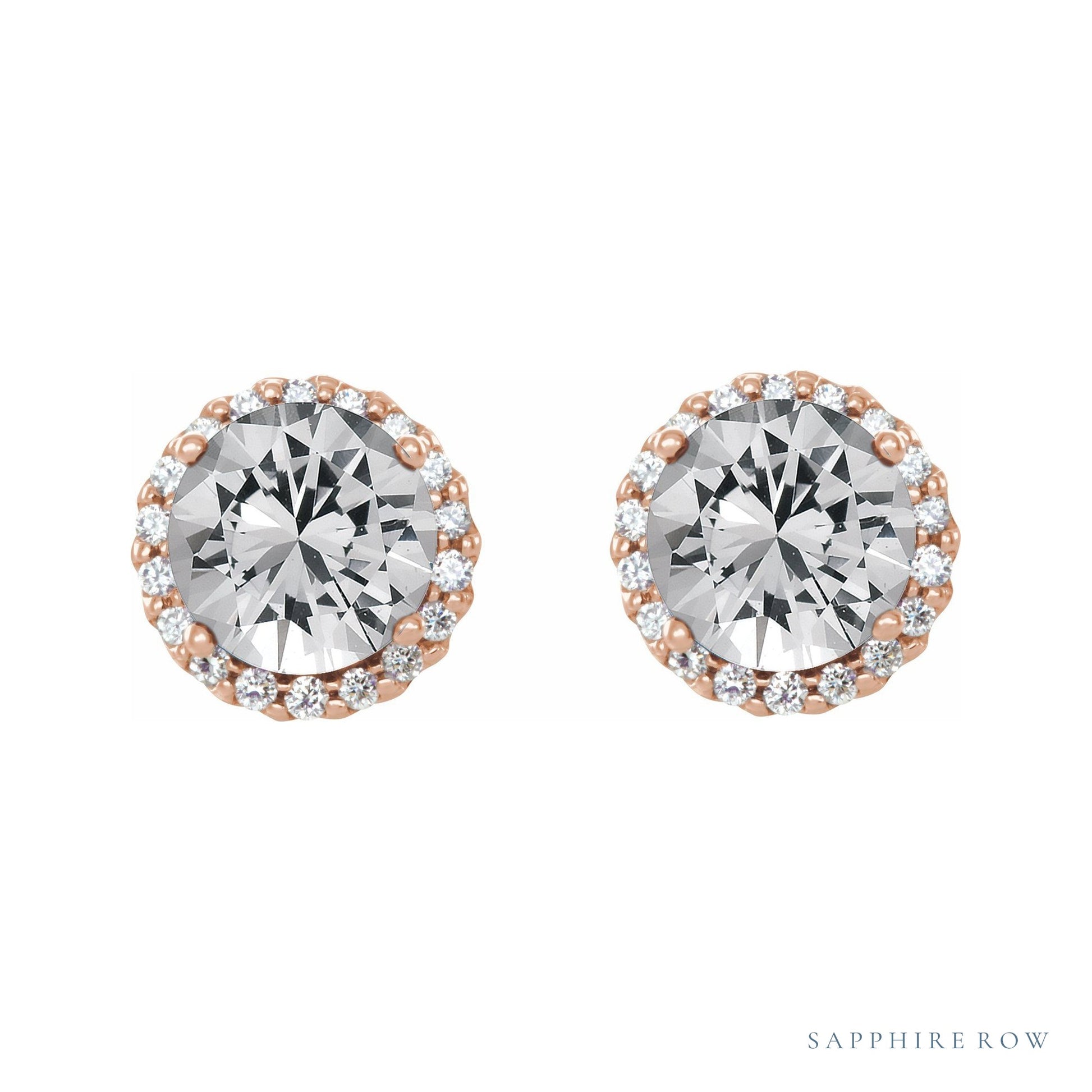 Sapphire Row Natural Diamond Halo Stud Earrings - 14K Rose Gold (view 2)