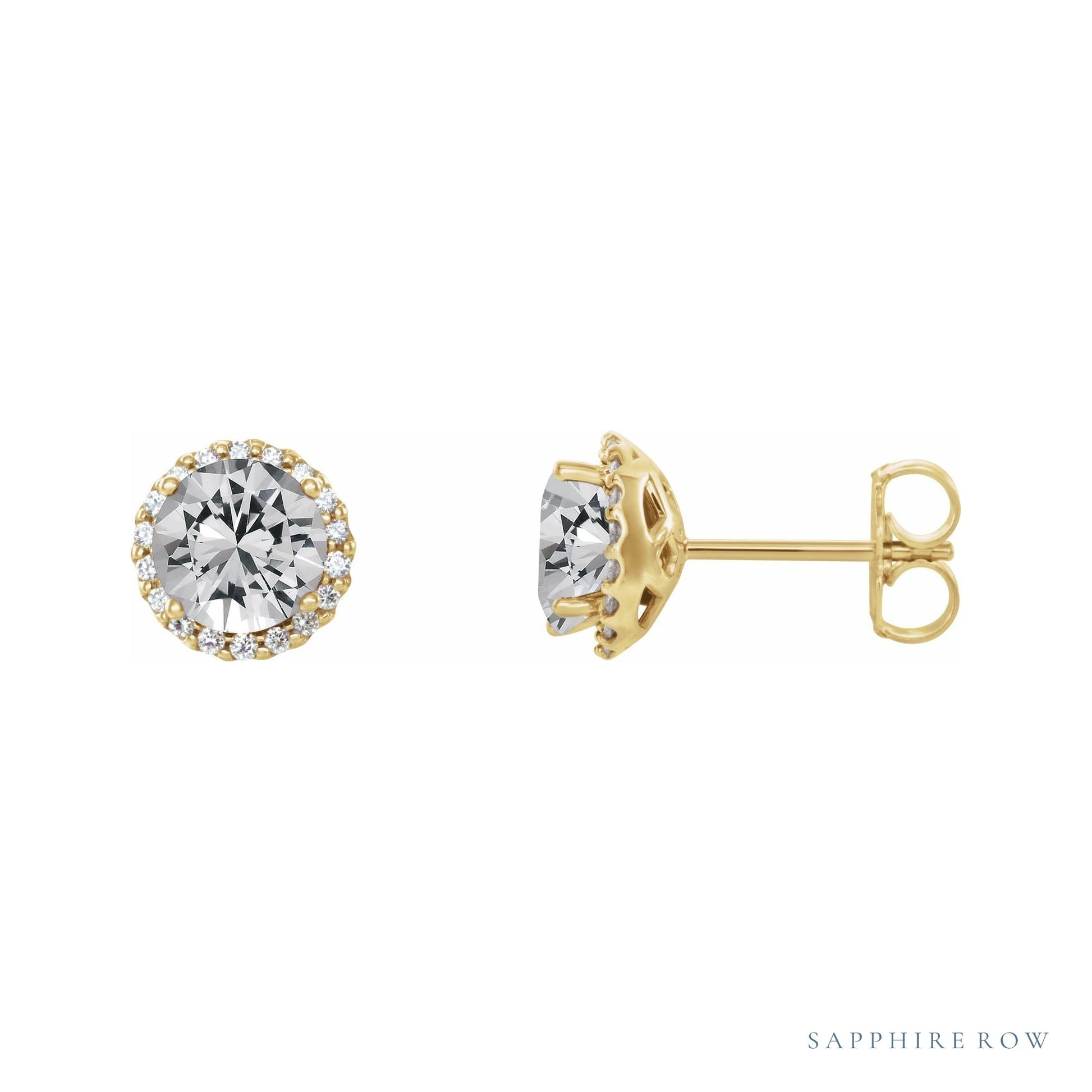Sapphire Row Natural Diamond Halo Stud Earrings - 14K Yellow Gold