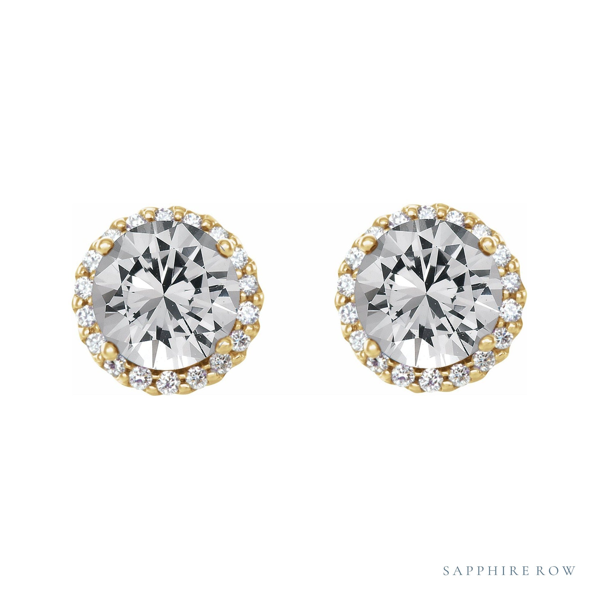 Sapphire Row Natural Diamond Halo Stud Earrings - 14K Yellow Gold (view 2)