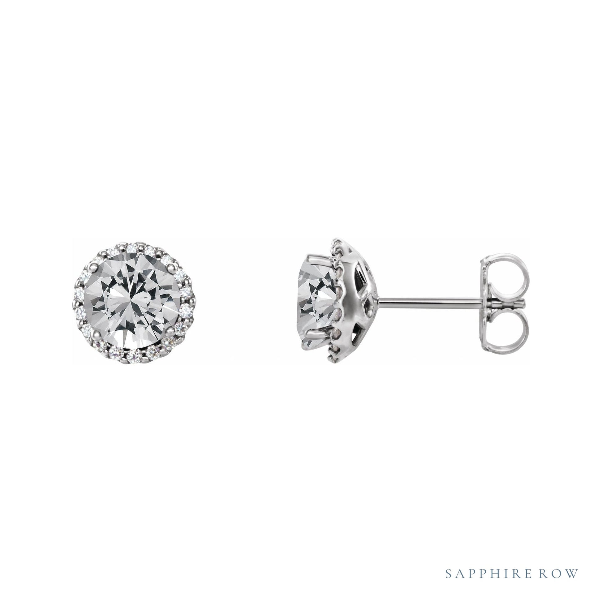 Sapphire Row Natural Diamond Halo Stud Earrings - 14K White Gold