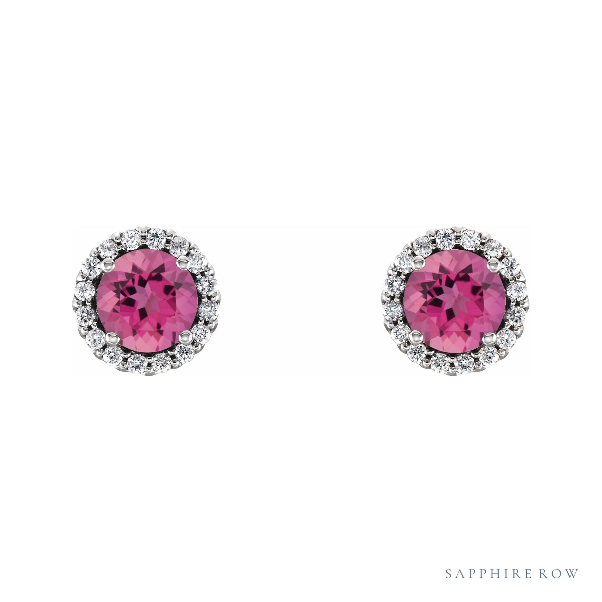 Sapphire Row Natural Gemstone Halo Stud Earrings - Pink Tourmaline, 14K White Gold (view 2)