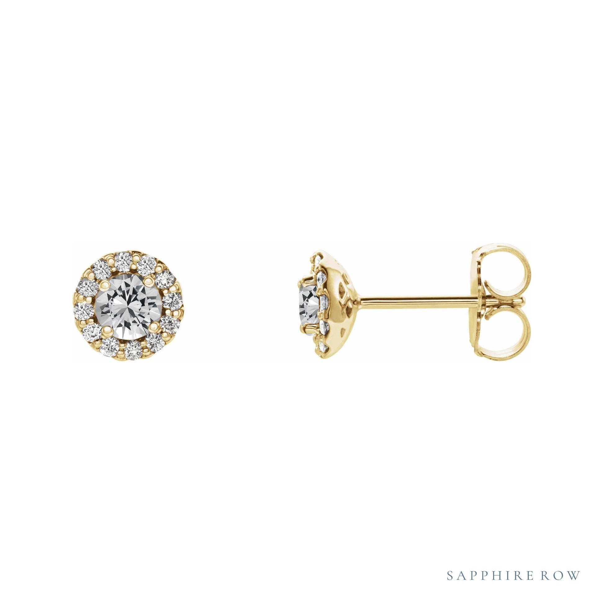 Sapphire Row Natural Gemstone Halo Stud Earrings - White Sapphire, 14K Yellow Gold