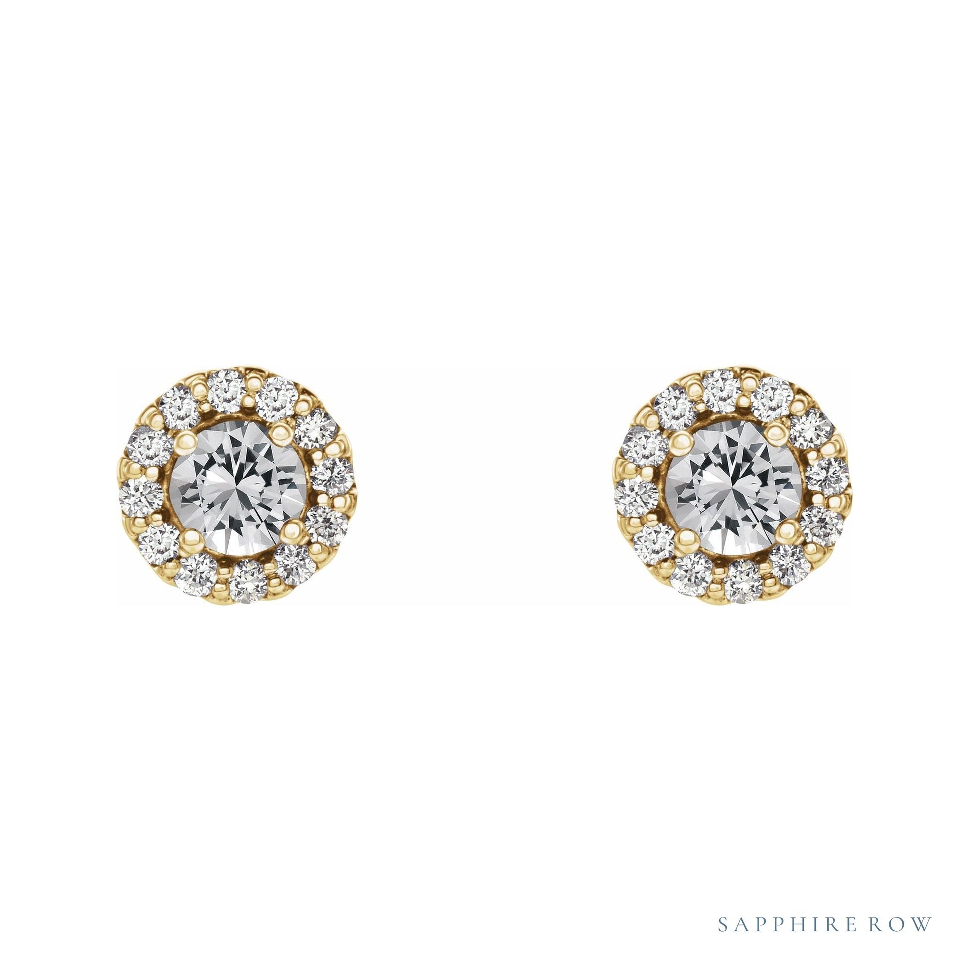 Sapphire Row Natural Gemstone Halo Stud Earrings - White Sapphire, 14K Yellow Gold (view 2)
