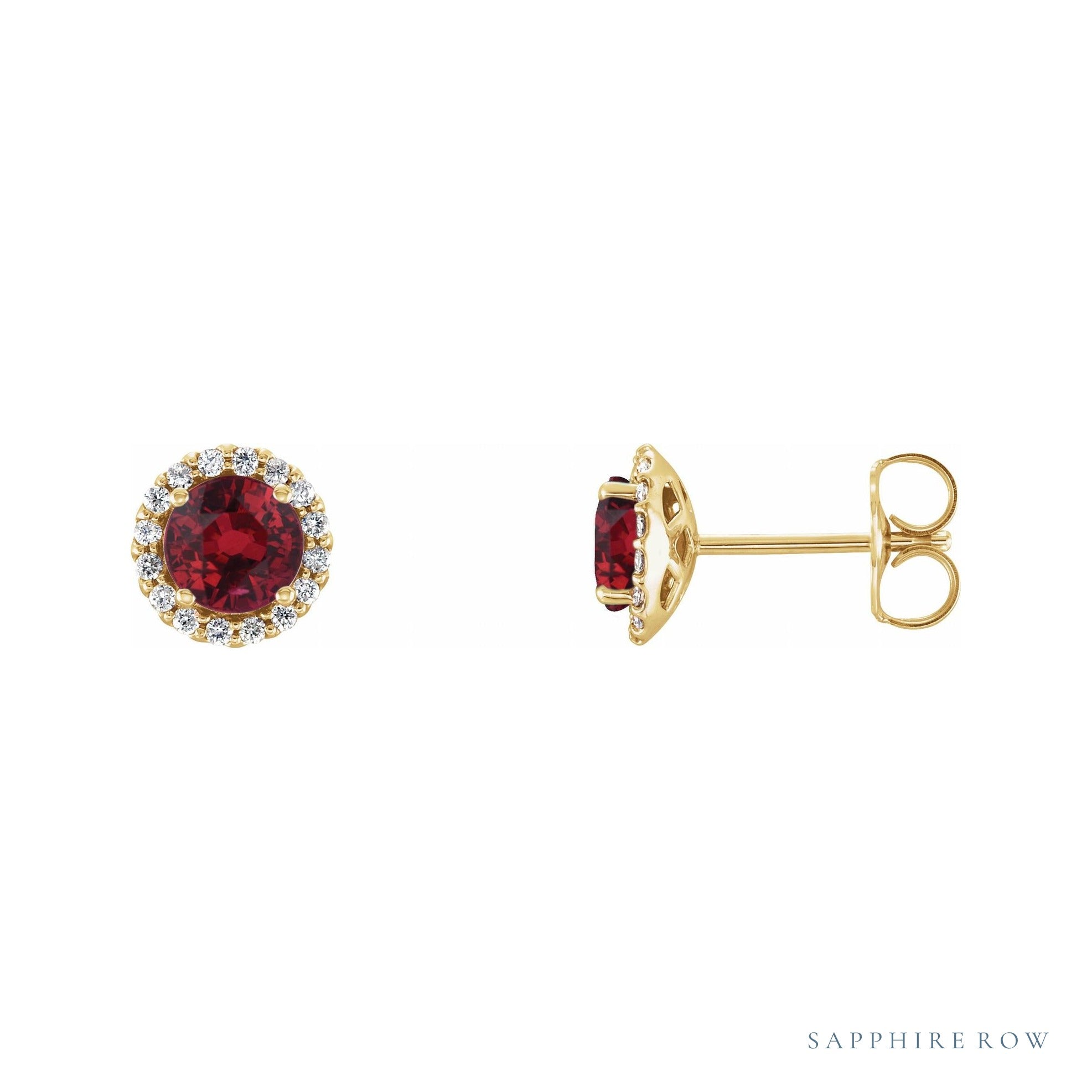 Sapphire Row Natural Gemstone Halo Stud Earrings - Ruby, 14K Yellow Gold