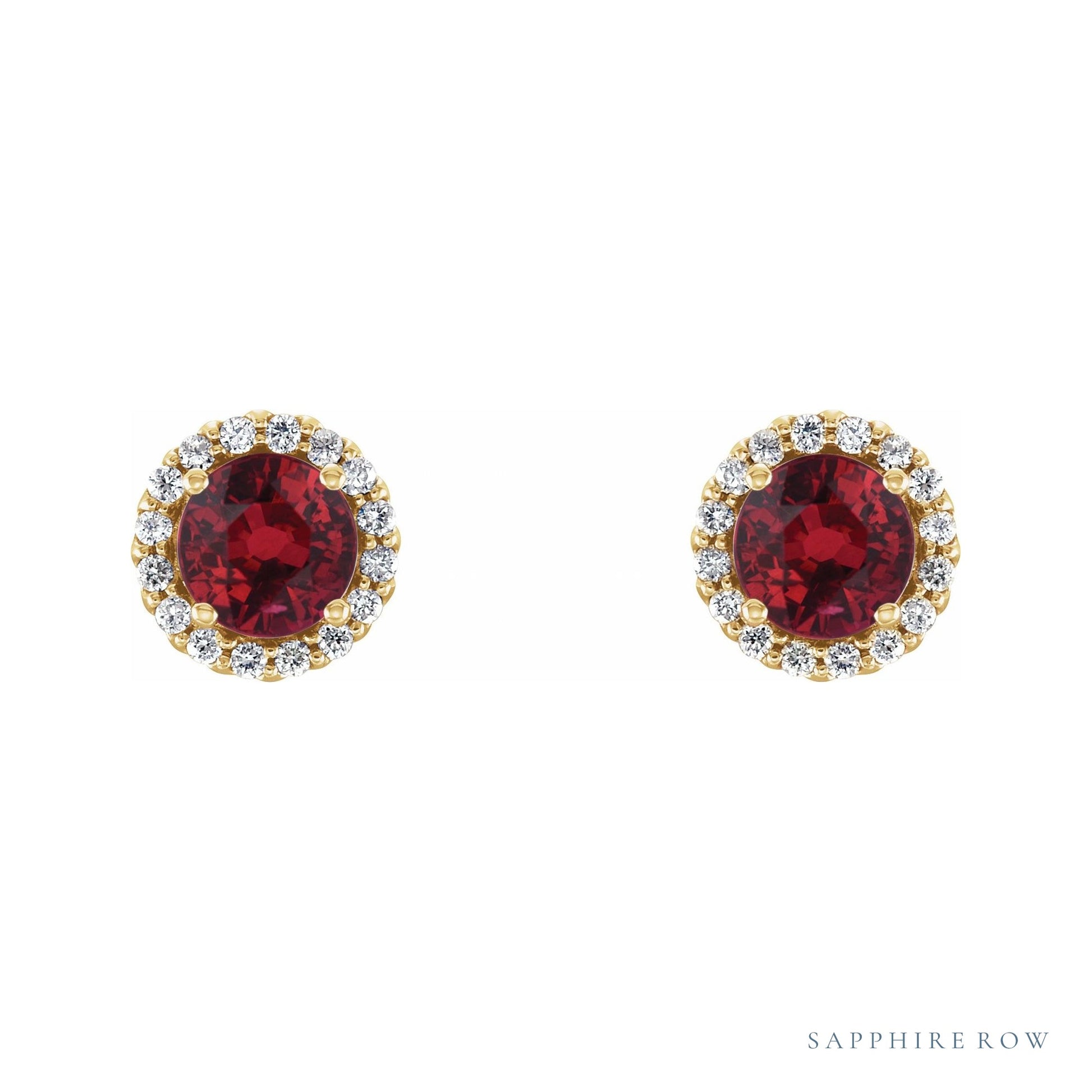 Sapphire Row Natural Gemstone Halo Stud Earrings - Ruby, 14K Yellow Gold (view 2)