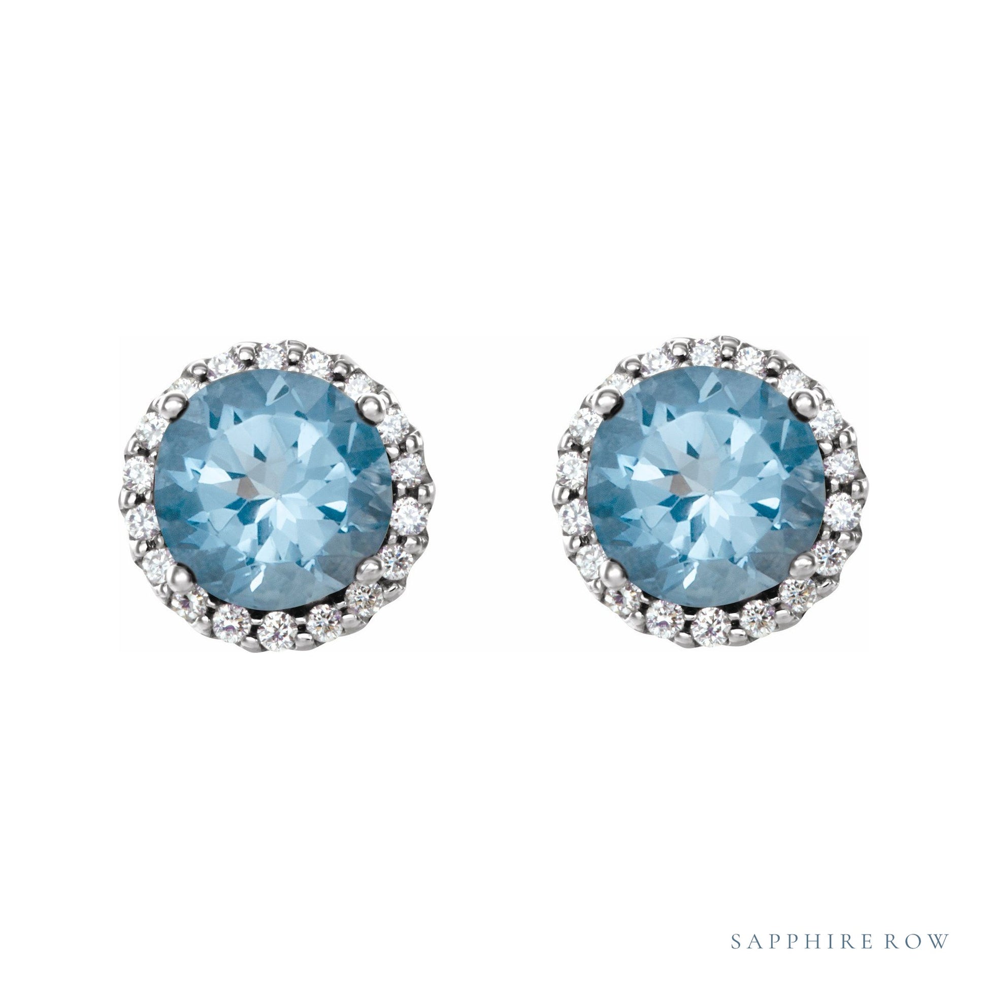 Sapphire Row Natural Gemstone Halo Stud Earrings - Aquamarine, 14K White Gold (view 2)