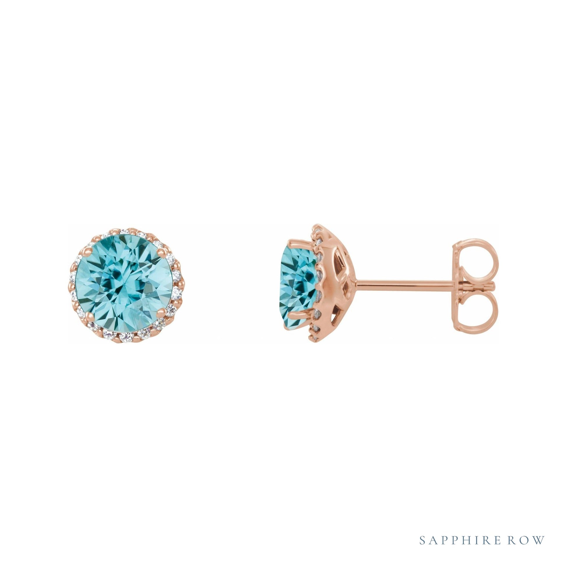 Sapphire Row Natural Gemstone Halo Stud Earrings - Blue Zircon, 14K Rose Gold