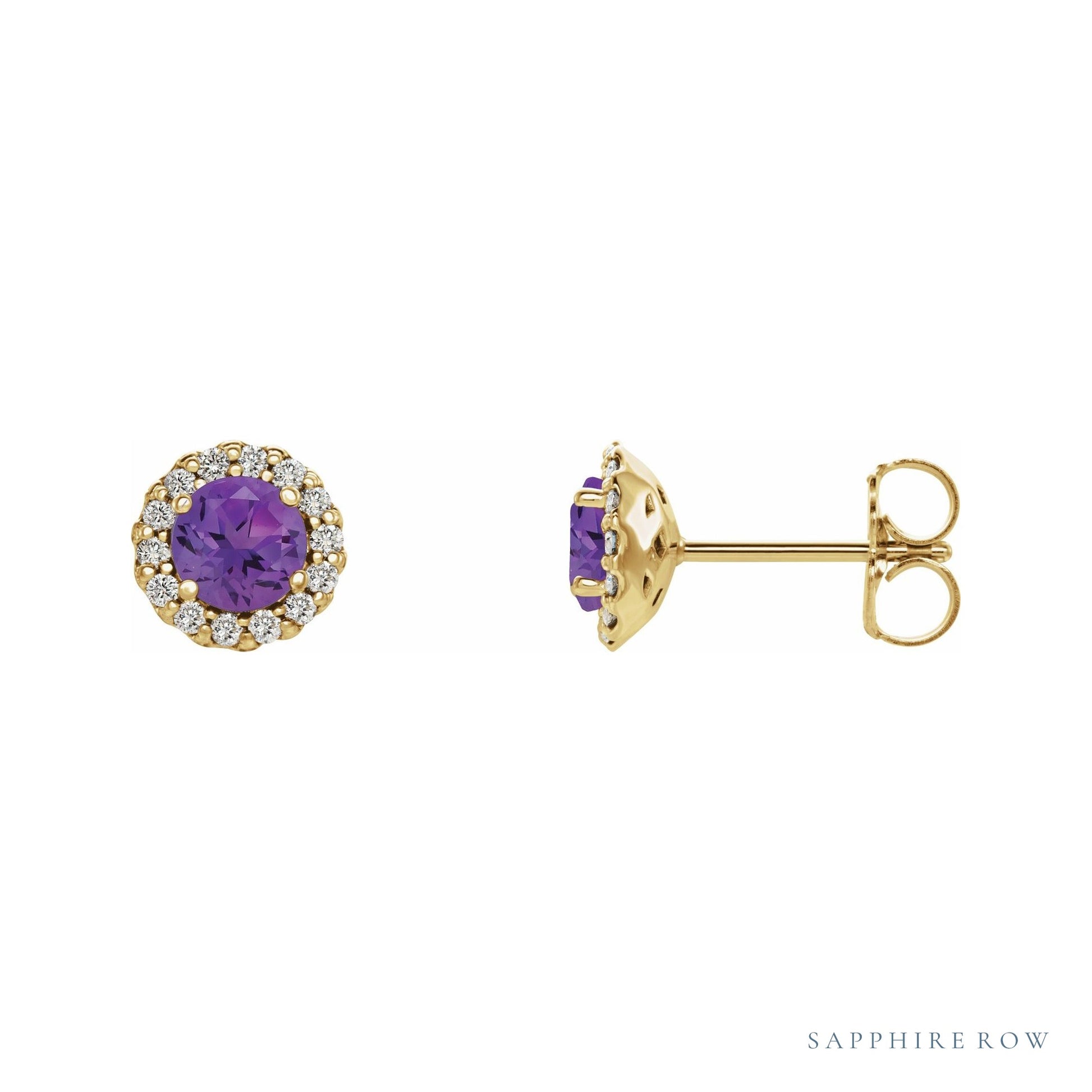Sapphire Row Natural Gemstone Halo Stud Earrings - Amethyst, 14K Yellow Gold, 4.5 mm