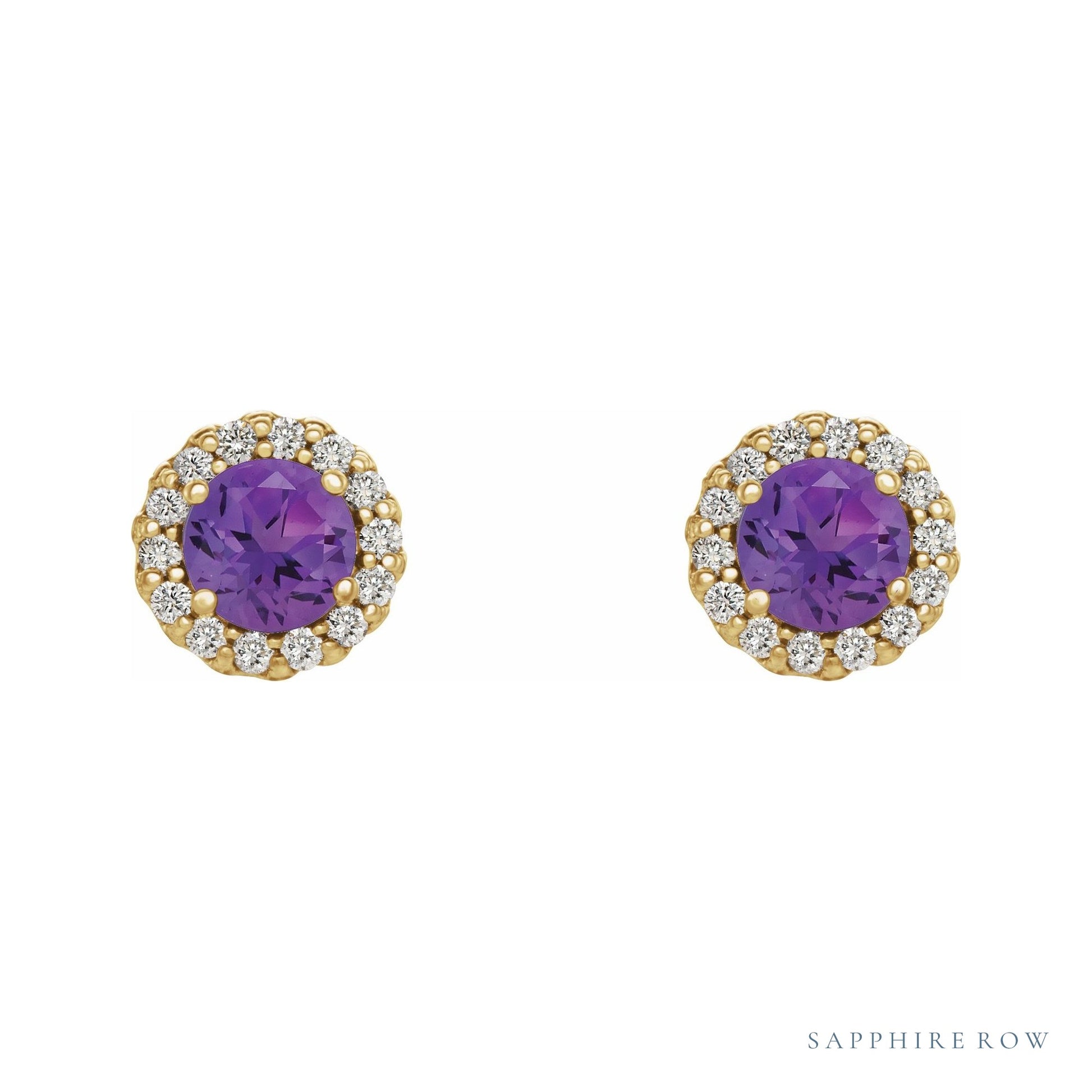 Sapphire Row Natural Gemstone Halo Stud Earrings - Amethyst, 14K Yellow Gold, 4.5 mm (view 2)