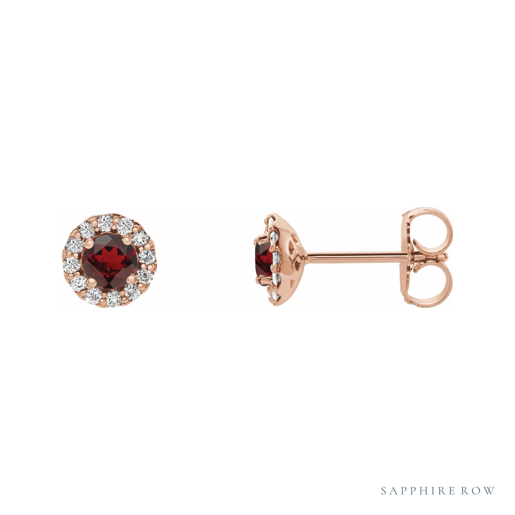 Sapphire Row Natural Gemstone Halo Stud Earrings - Mozambique Garnet, 14K Rose Gold