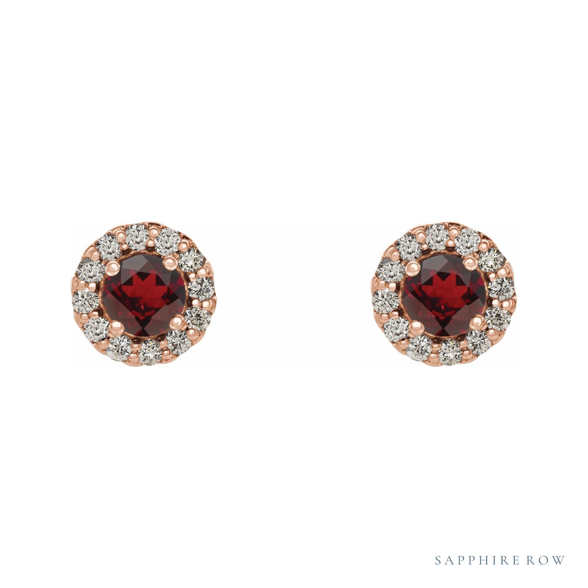 Sapphire Row Natural Gemstone Halo Stud Earrings - Mozambique Garnet, 14K Rose Gold (view 2)