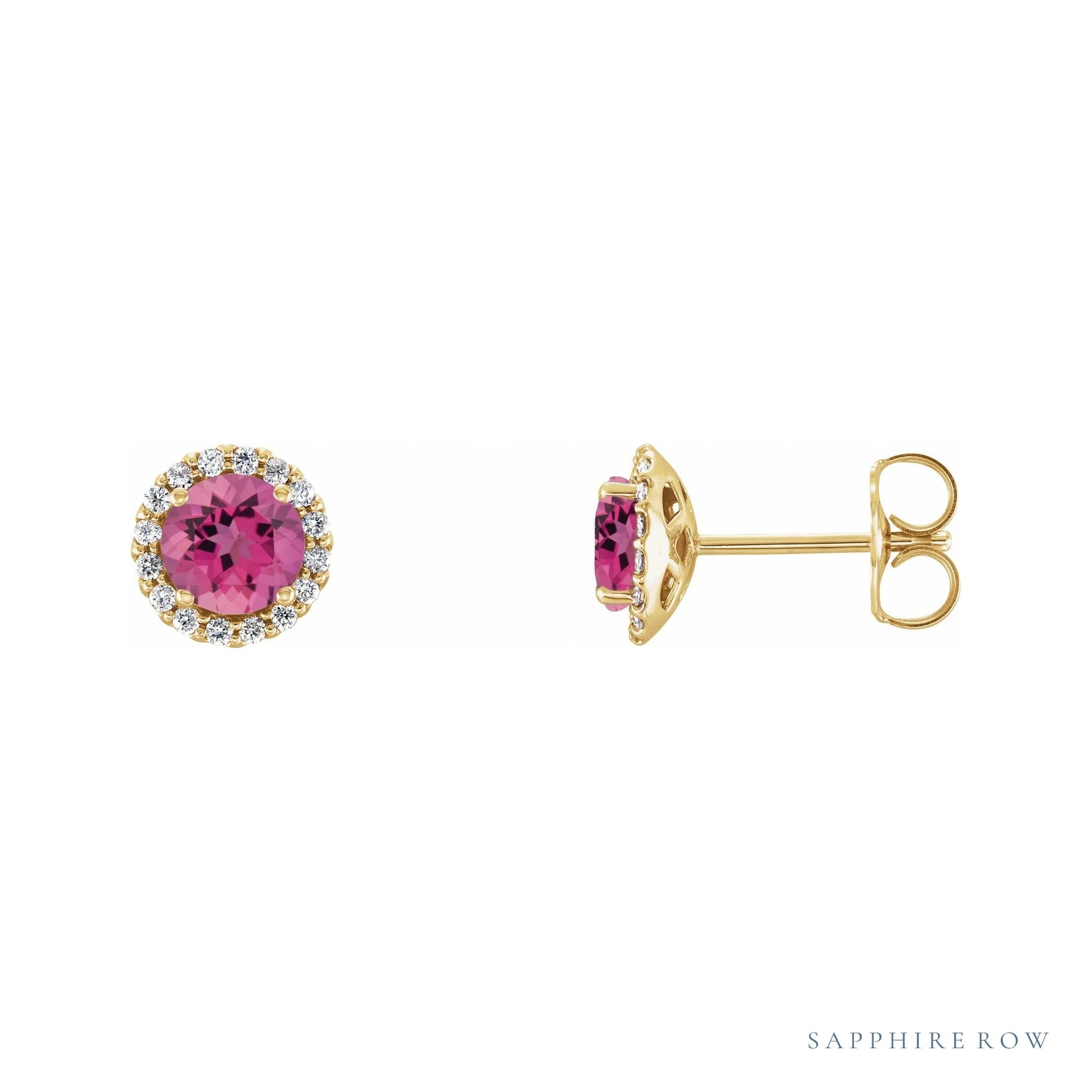 Sapphire Row Natural Gemstone Halo Stud Earrings - Pink Tourmaline, 14K Yellow Gold