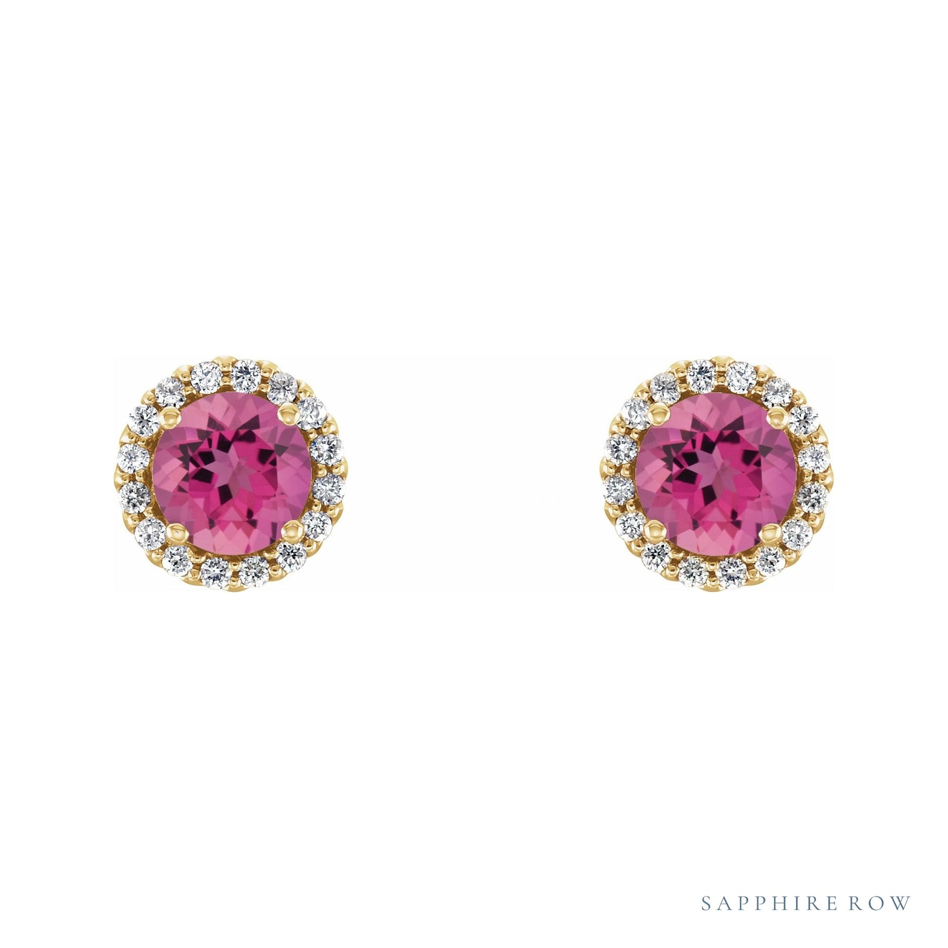 Sapphire Row Natural Gemstone Halo Stud Earrings - Pink Tourmaline, 14K Yellow Gold (view 2)
