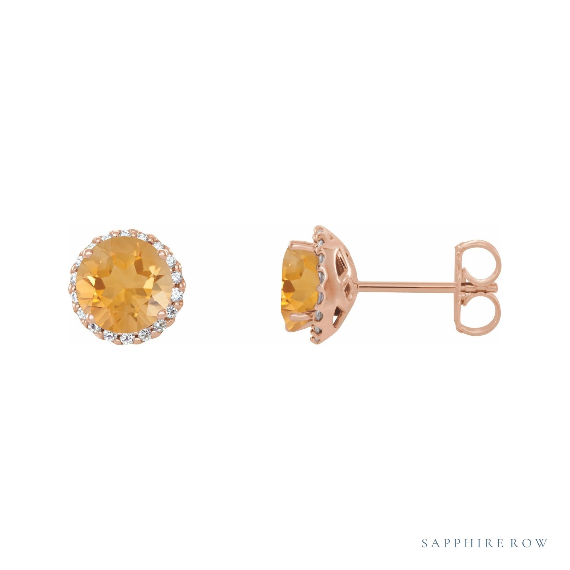 Sapphire Row Natural Gemstone Halo Stud Earrings - Citrine, 14K Rose Gold