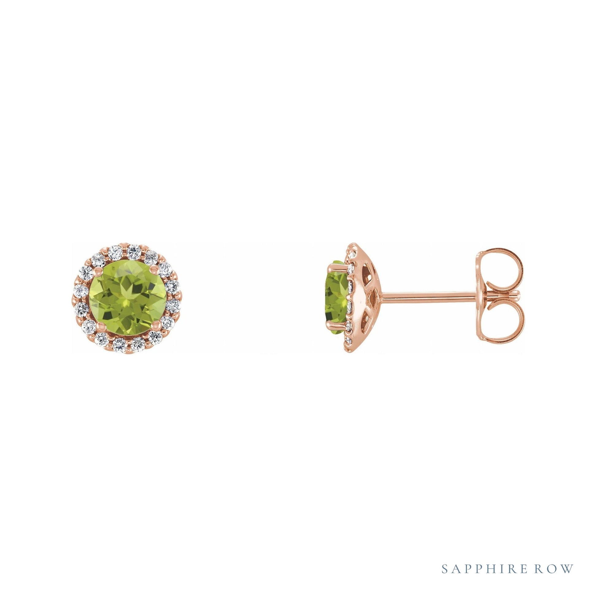 Sapphire Row Natural Gemstone Halo Stud Earrings - Peridot, 14K Rose Gold