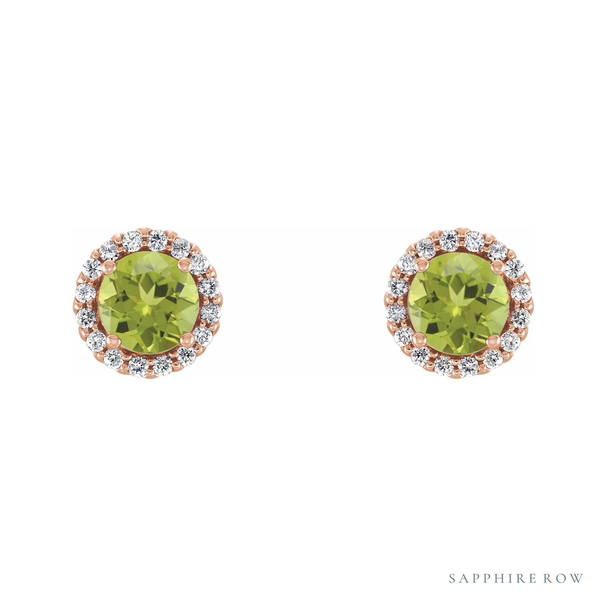 Sapphire Row Natural Gemstone Halo Stud Earrings - Peridot, 14K Rose Gold (view 2)