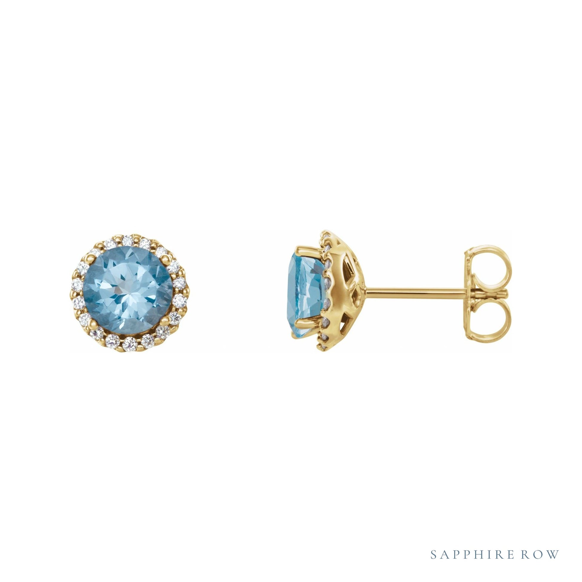 Sapphire Row Natural Gemstone Halo Stud Earrings - Aquamarine, 14K Yellow Gold