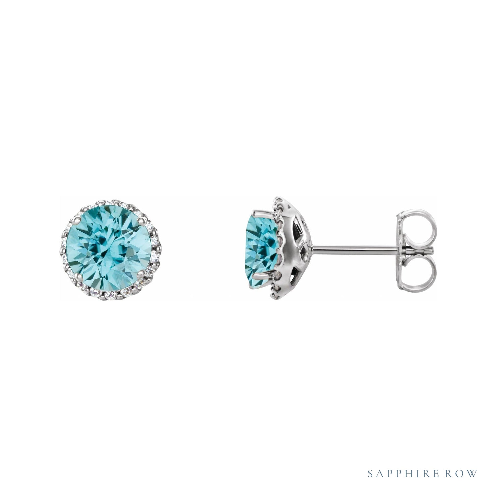 Sapphire Row Natural Gemstone Halo Stud Earrings - Blue Zircon, 14K White Gold