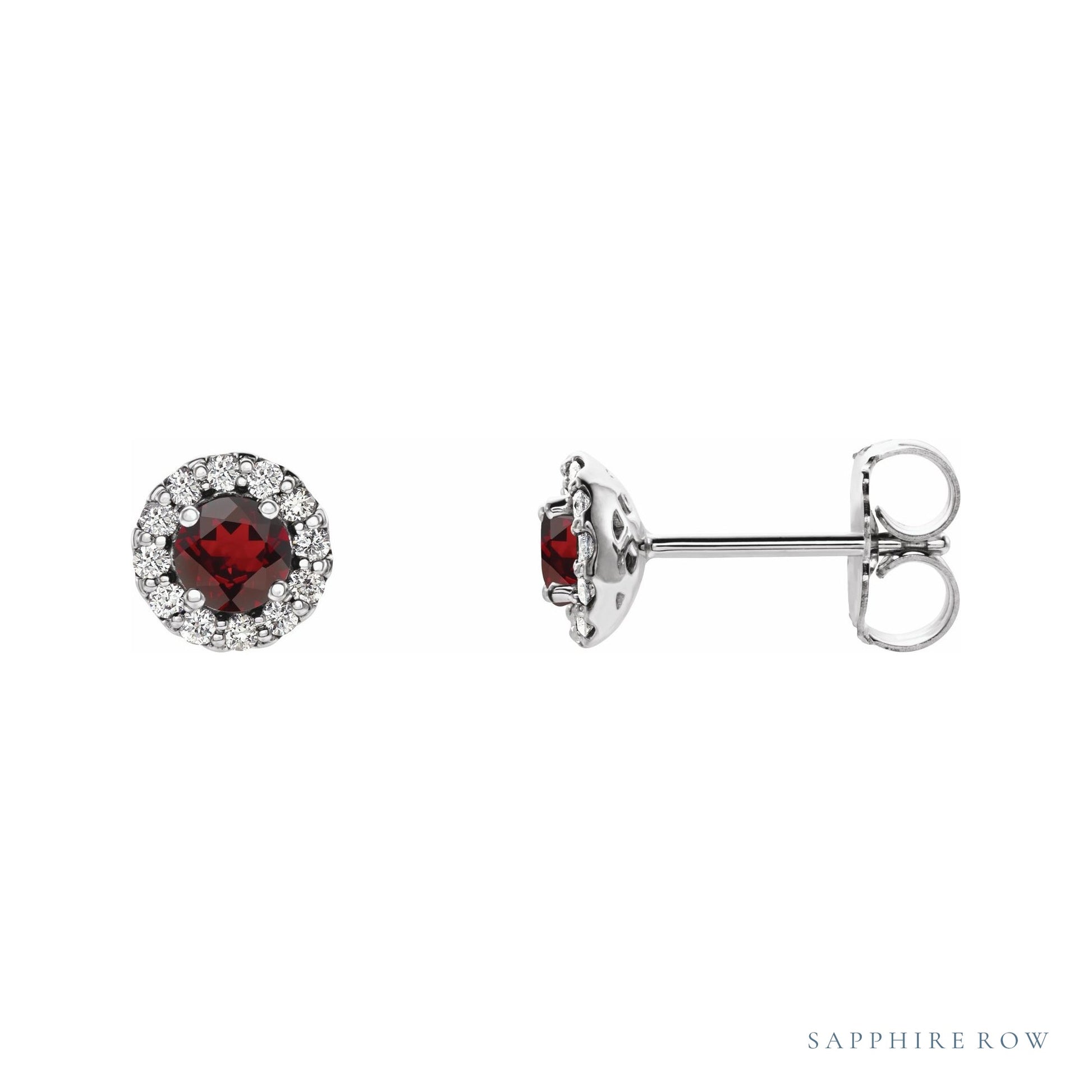 Sapphire Row Natural Gemstone Halo Stud Earrings - Mozambique Garnet, Platinum