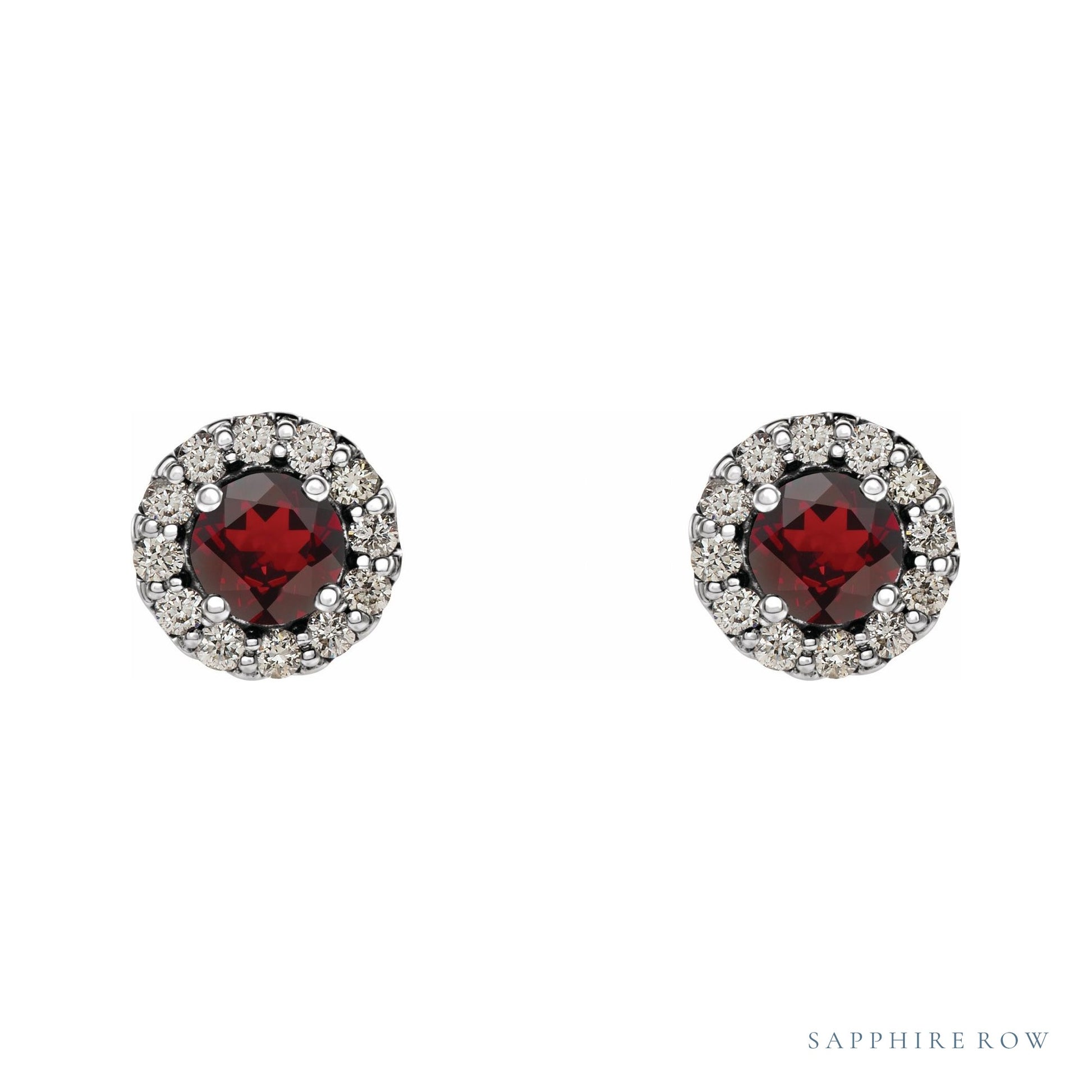 Sapphire Row Natural Gemstone Halo Stud Earrings - Mozambique Garnet, Platinum (view 2)
