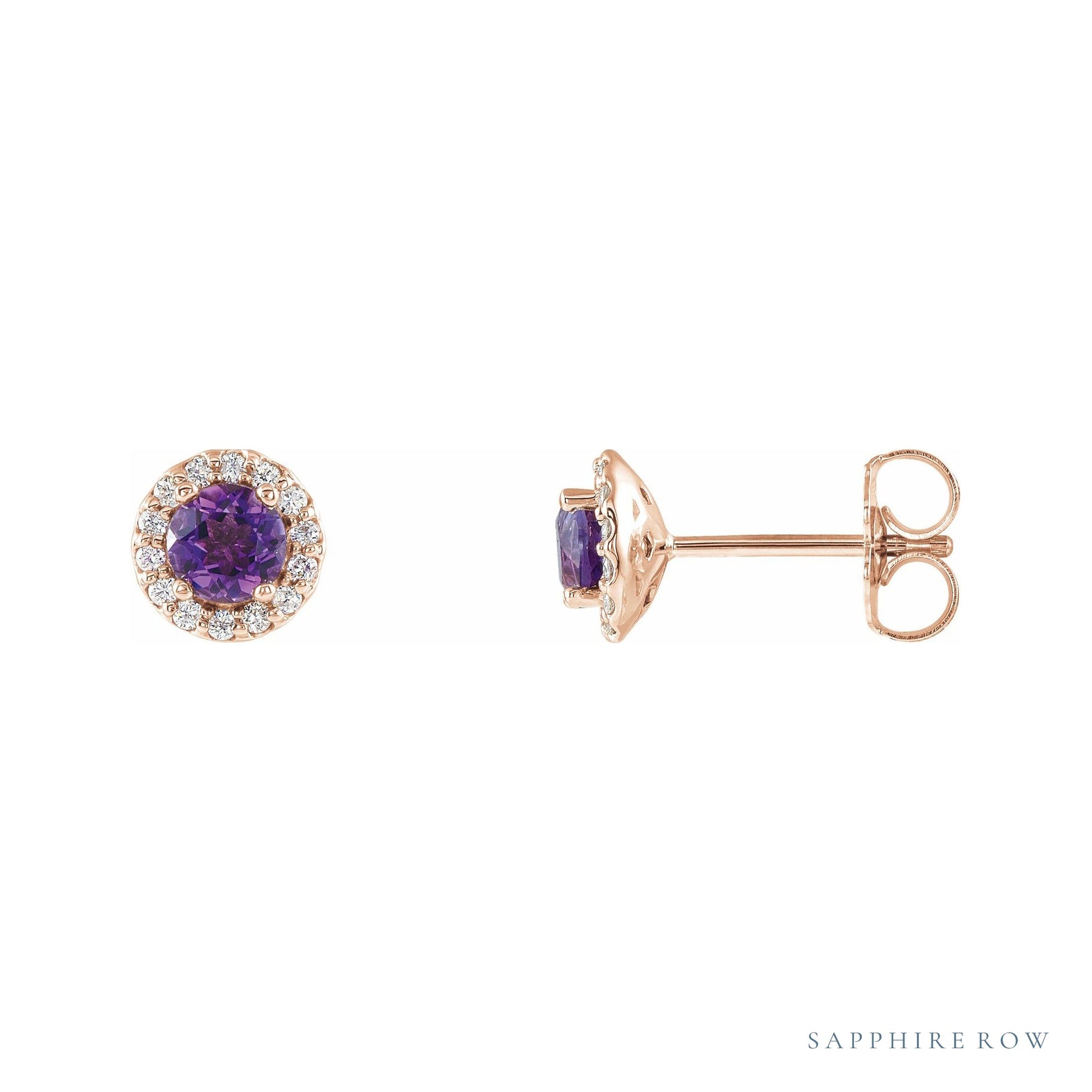 Sapphire Row Natural Gemstone Halo Stud Earrings - Amethyst, 14K Rose Gold
