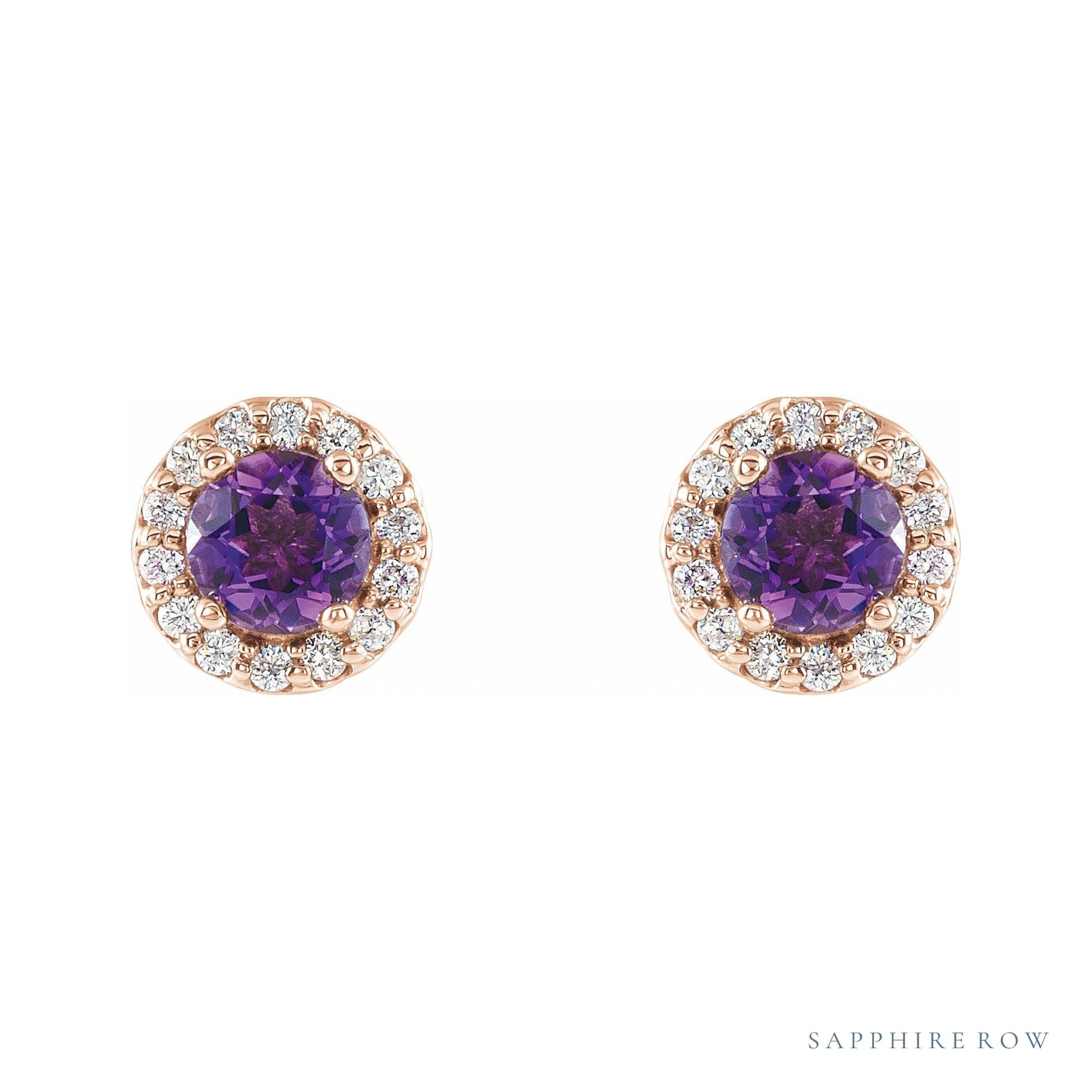 Sapphire Row Natural Gemstone Halo Stud Earrings - Amethyst, 14K Rose Gold (view 2)