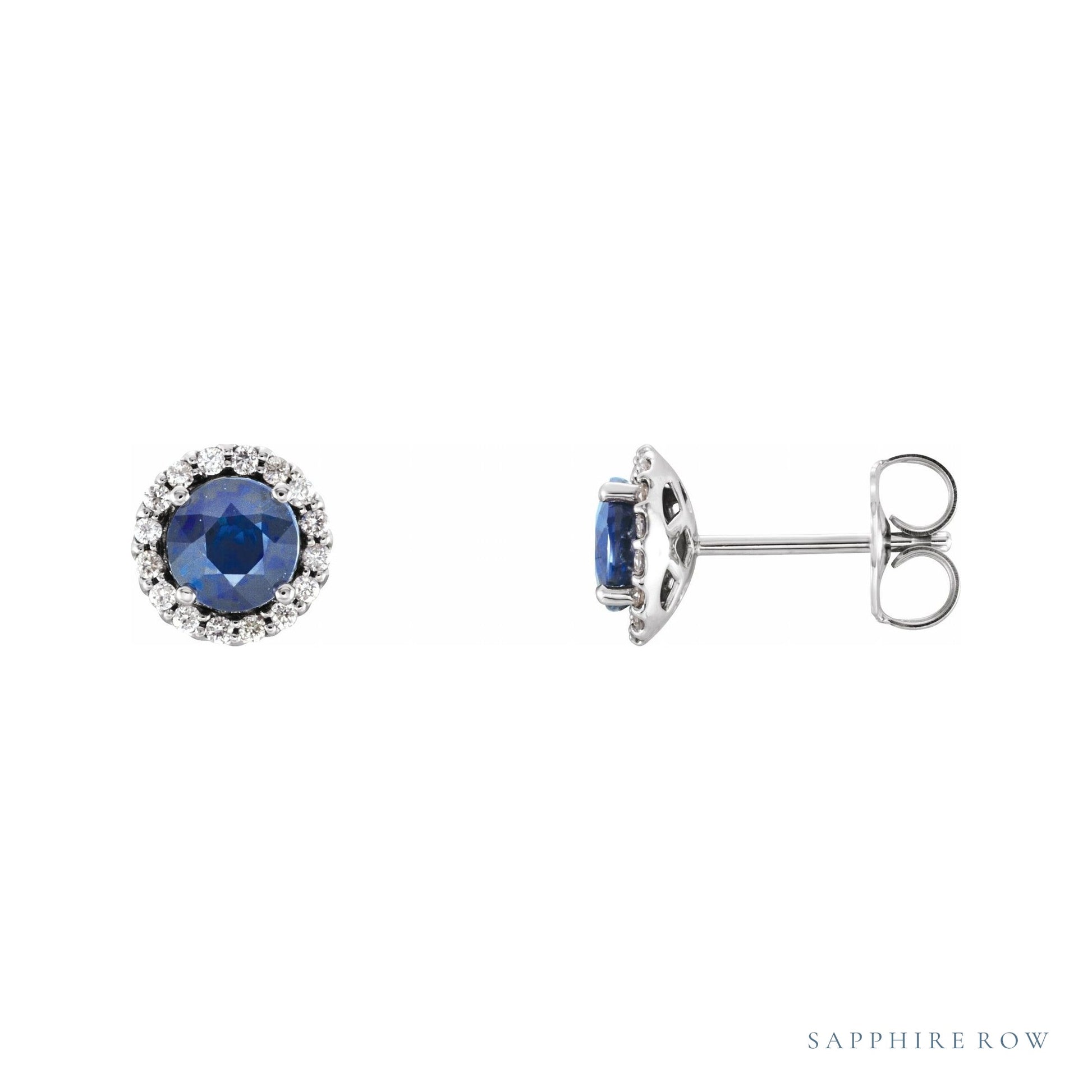 Sapphire Row Natural Gemstone Halo Stud Earrings - Blue Sapphire, Platinum
