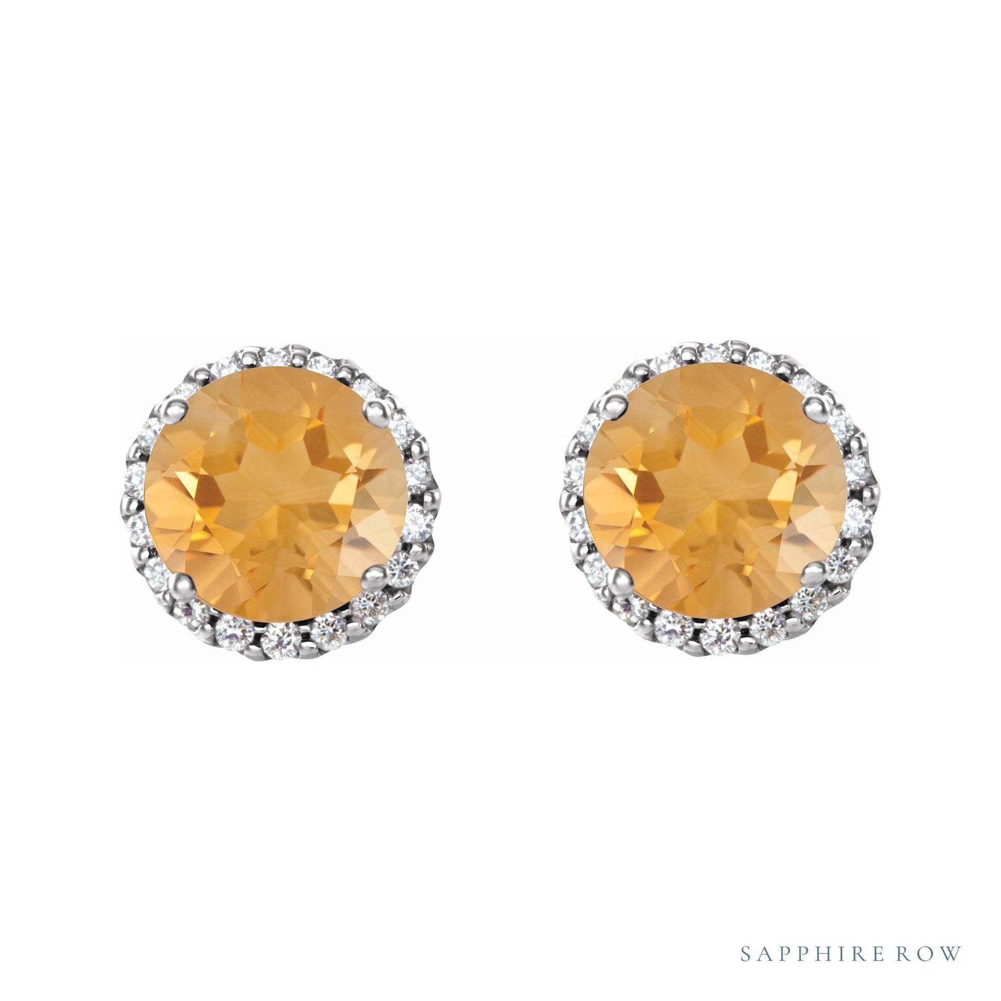 Sapphire Row Natural Gemstone Halo Stud Earrings - Citrine, 14K White Gold (view 2)