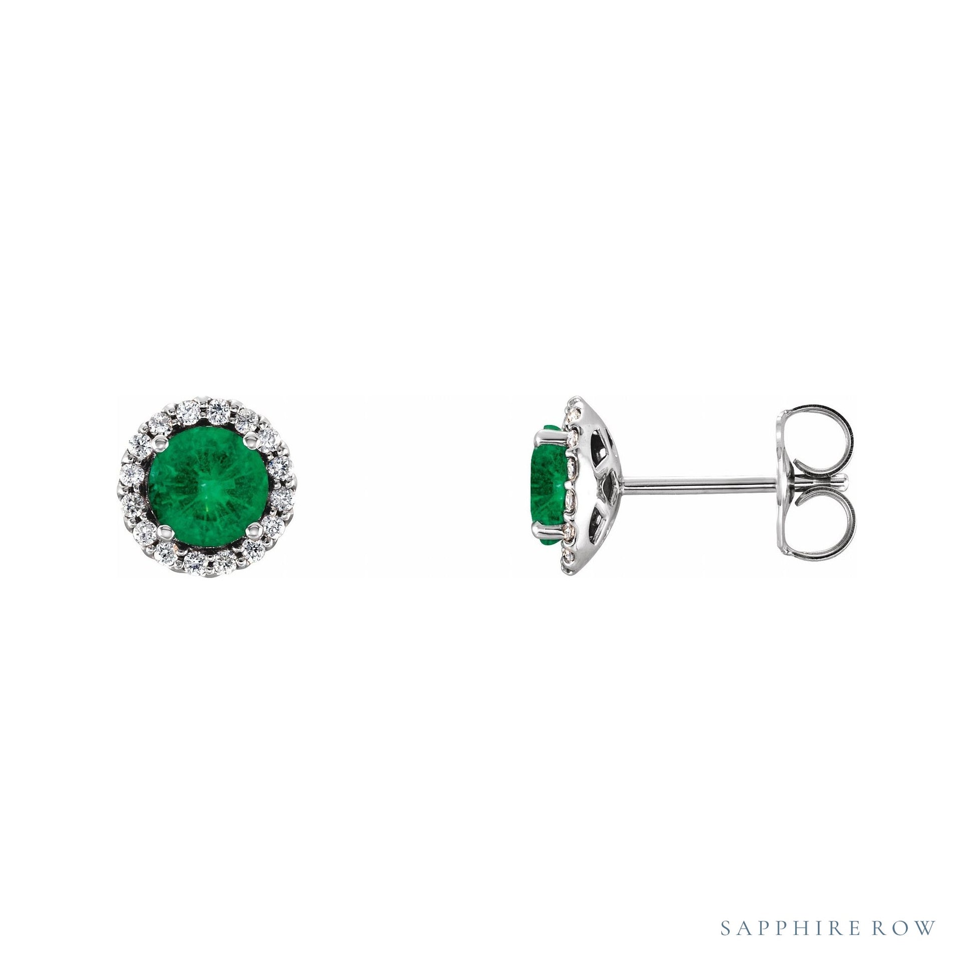 Sapphire Row Natural Gemstone Halo Stud Earrings - Emerald, 14K White Gold