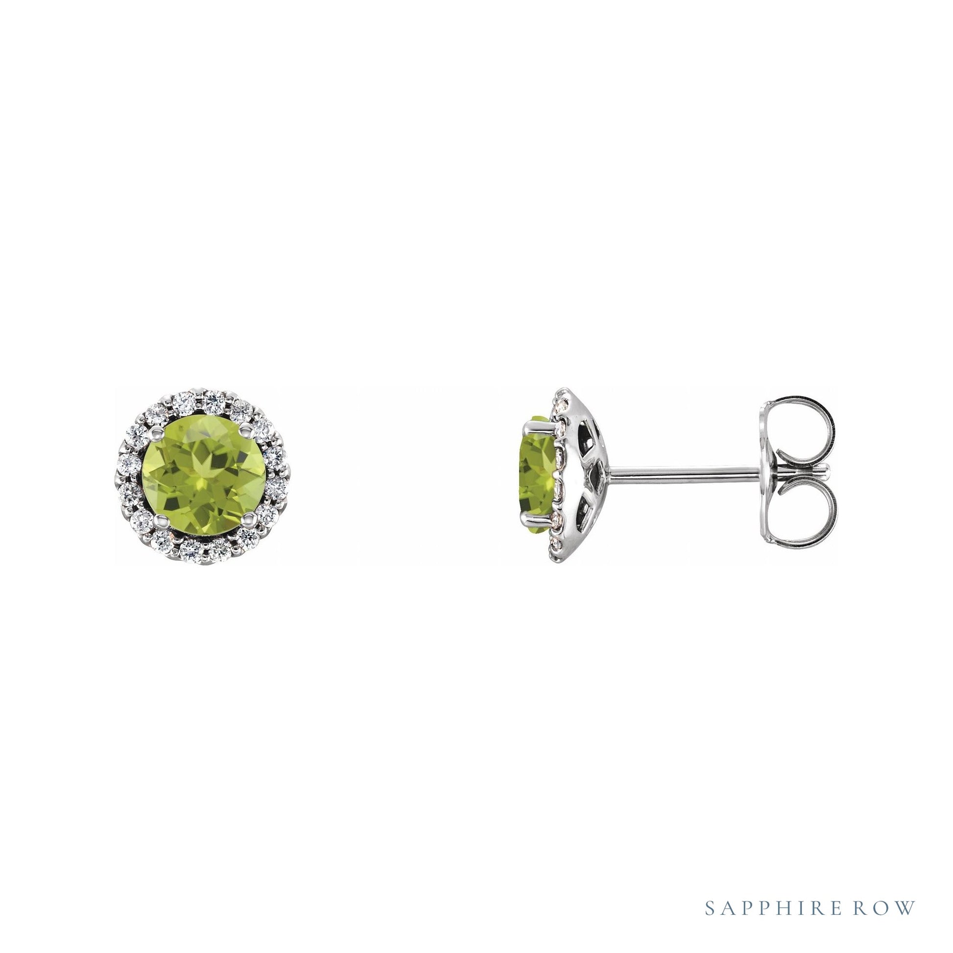 Sapphire Row Natural Gemstone Halo Stud Earrings - Peridot, 14K White Gold