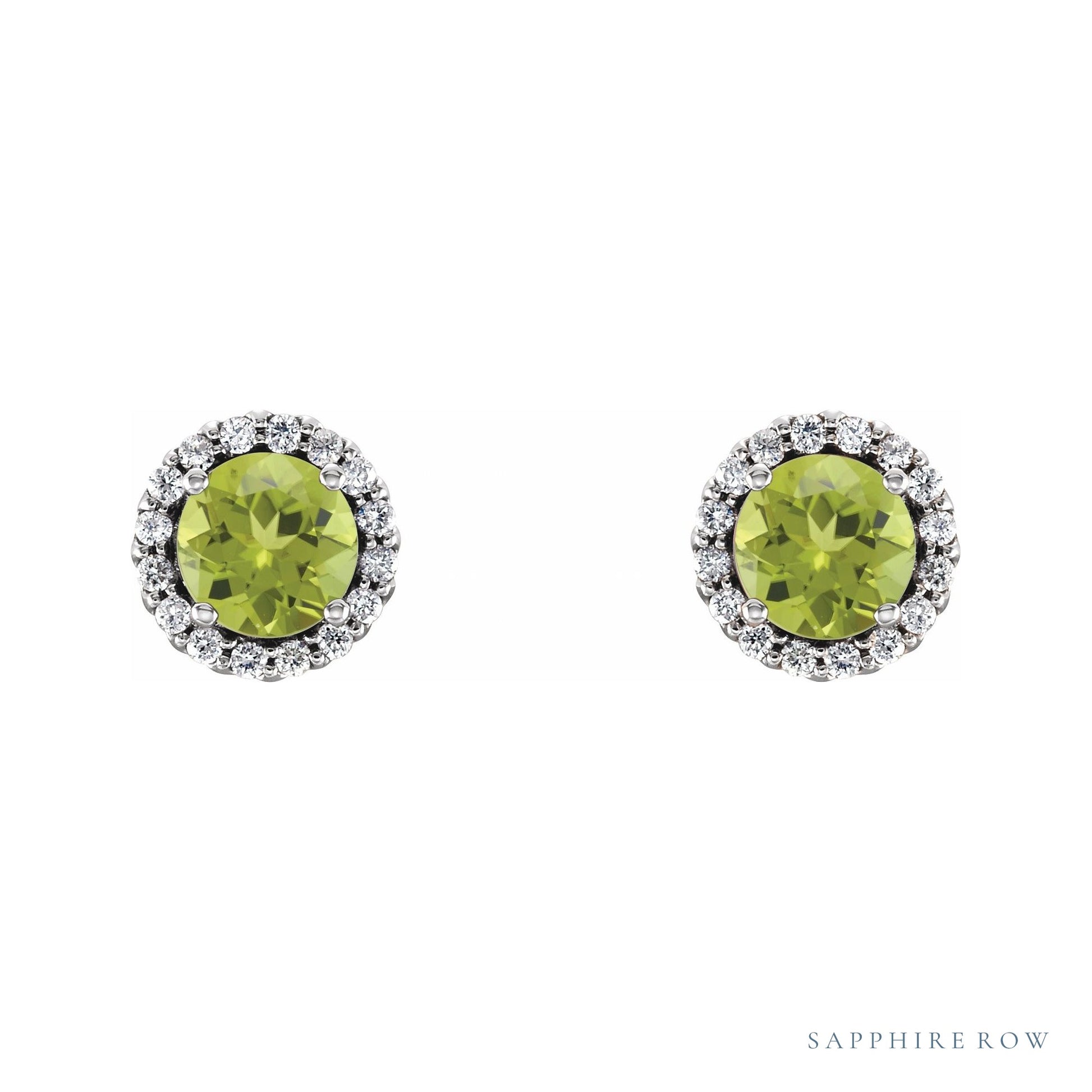 Sapphire Row Natural Gemstone Halo Stud Earrings - Peridot, 14K White Gold (view 2)