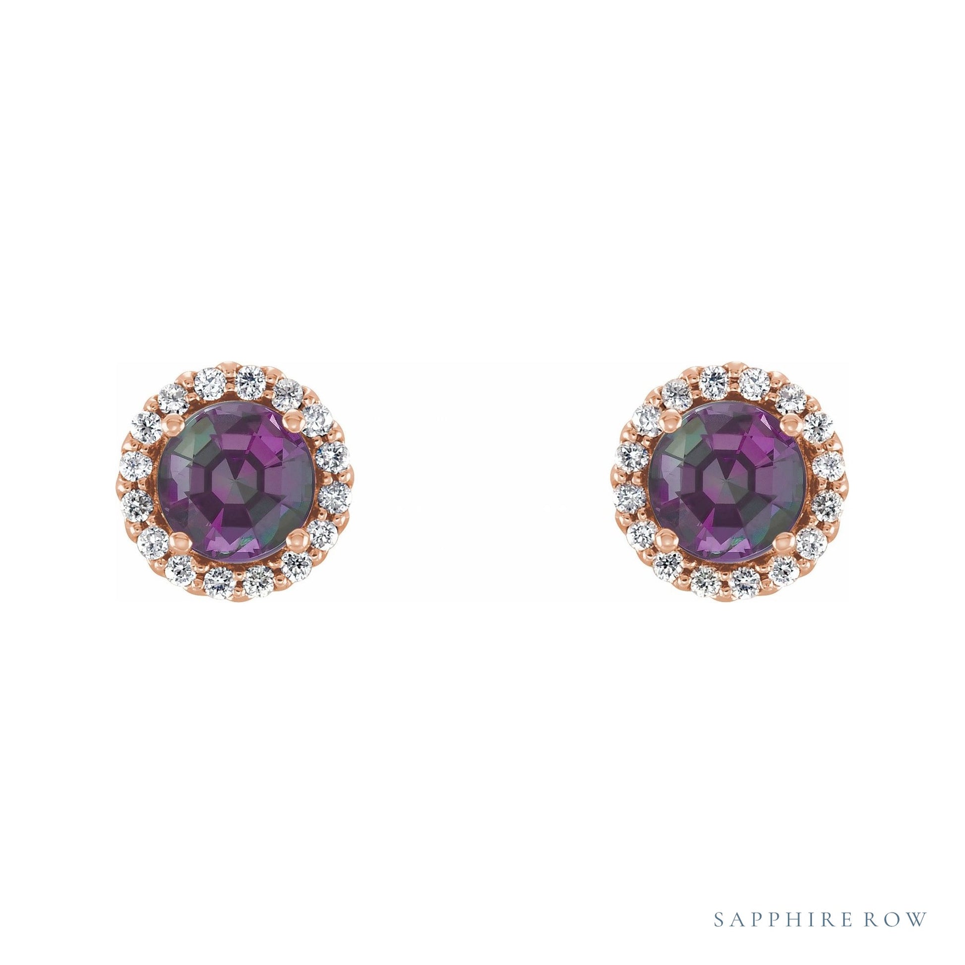Sapphire Row Natural Gemstone Halo Stud Earrings - Alexandrite, 14K Rose Gold, 3.5 mm (view 2)