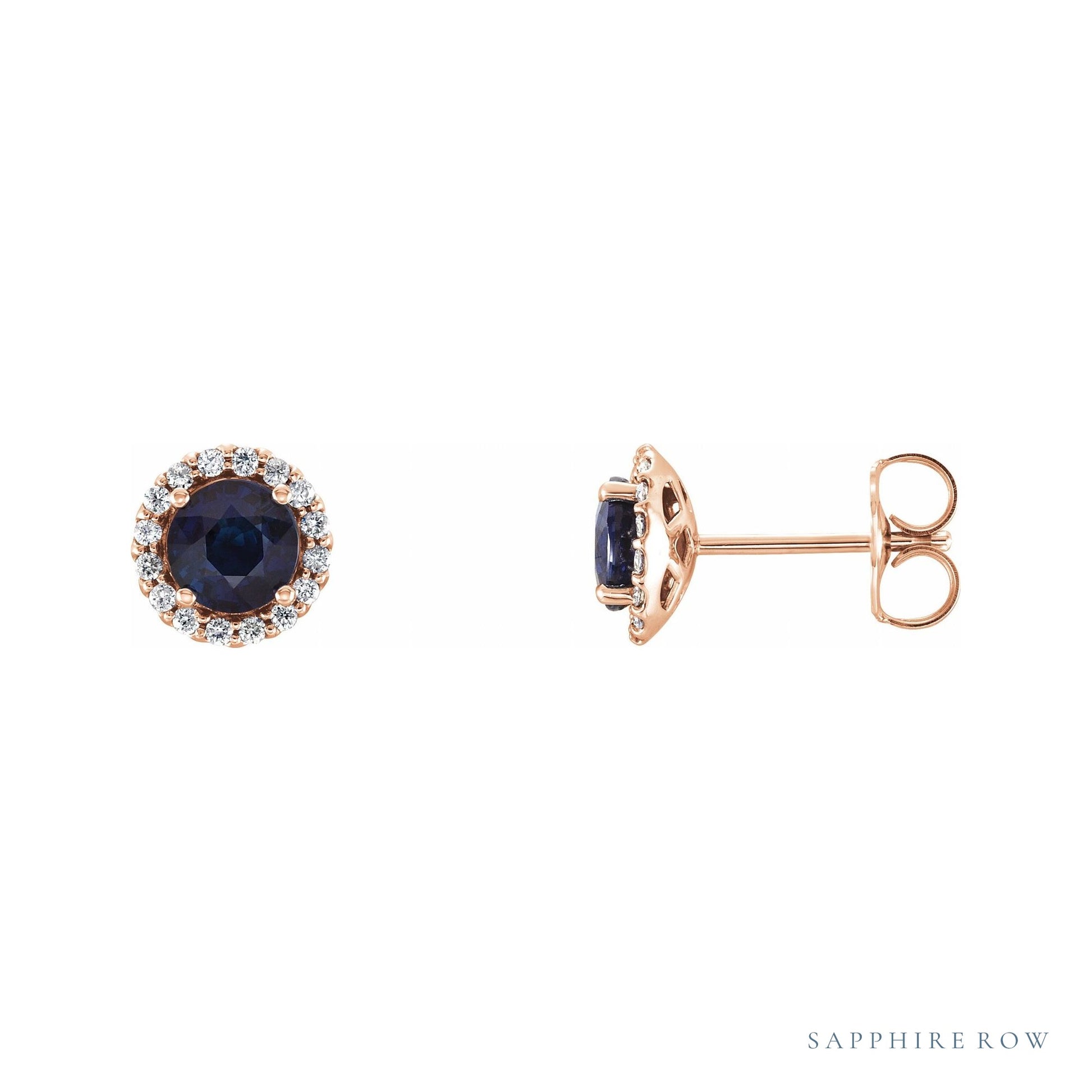 Sapphire Row Natural Gemstone Halo Stud Earrings - Blue Sapphire, 14K Rose Gold, 5 mm
