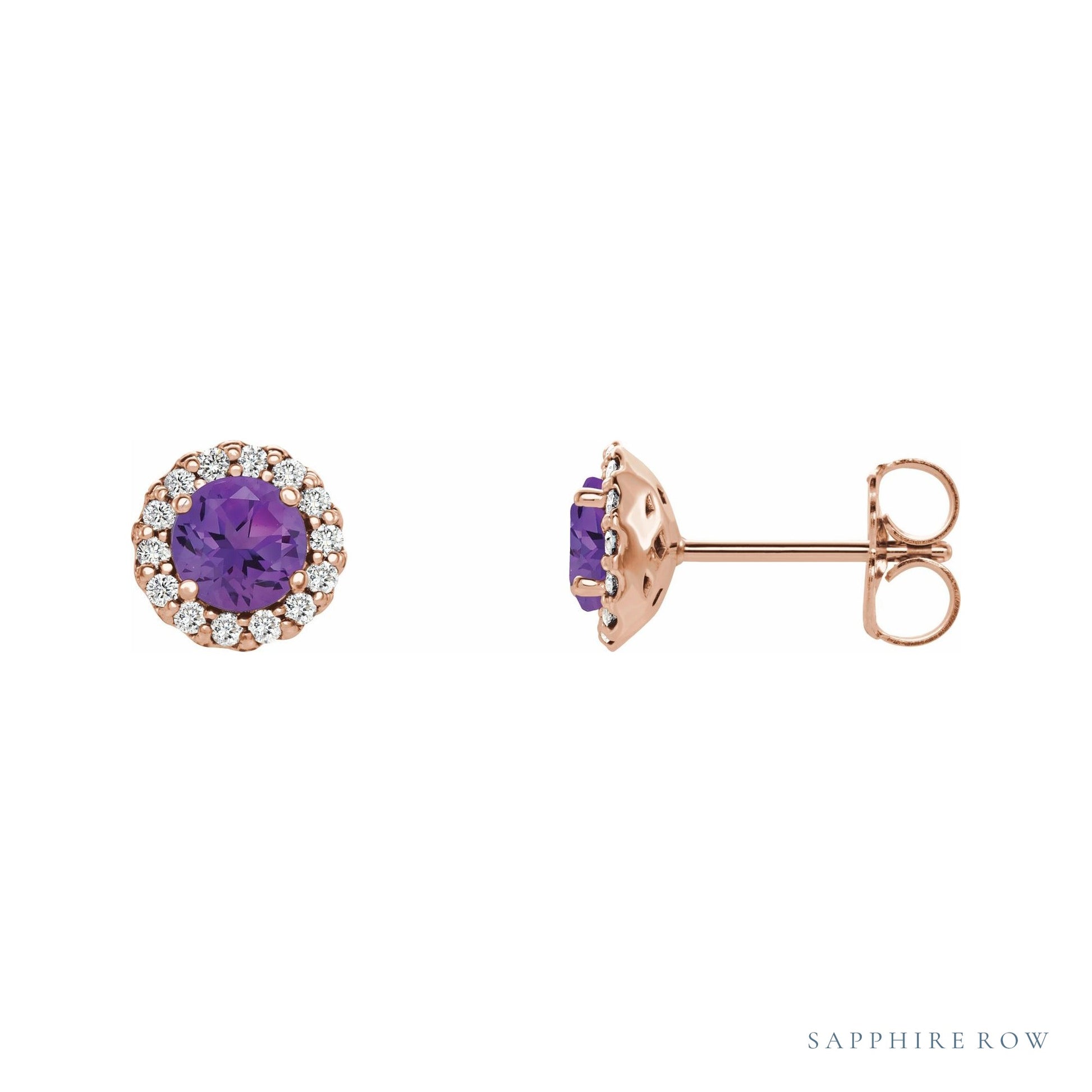 Sapphire Row Natural Gemstone Halo Stud Earrings - Amethyst, 14K Rose Gold, 4.5 mm