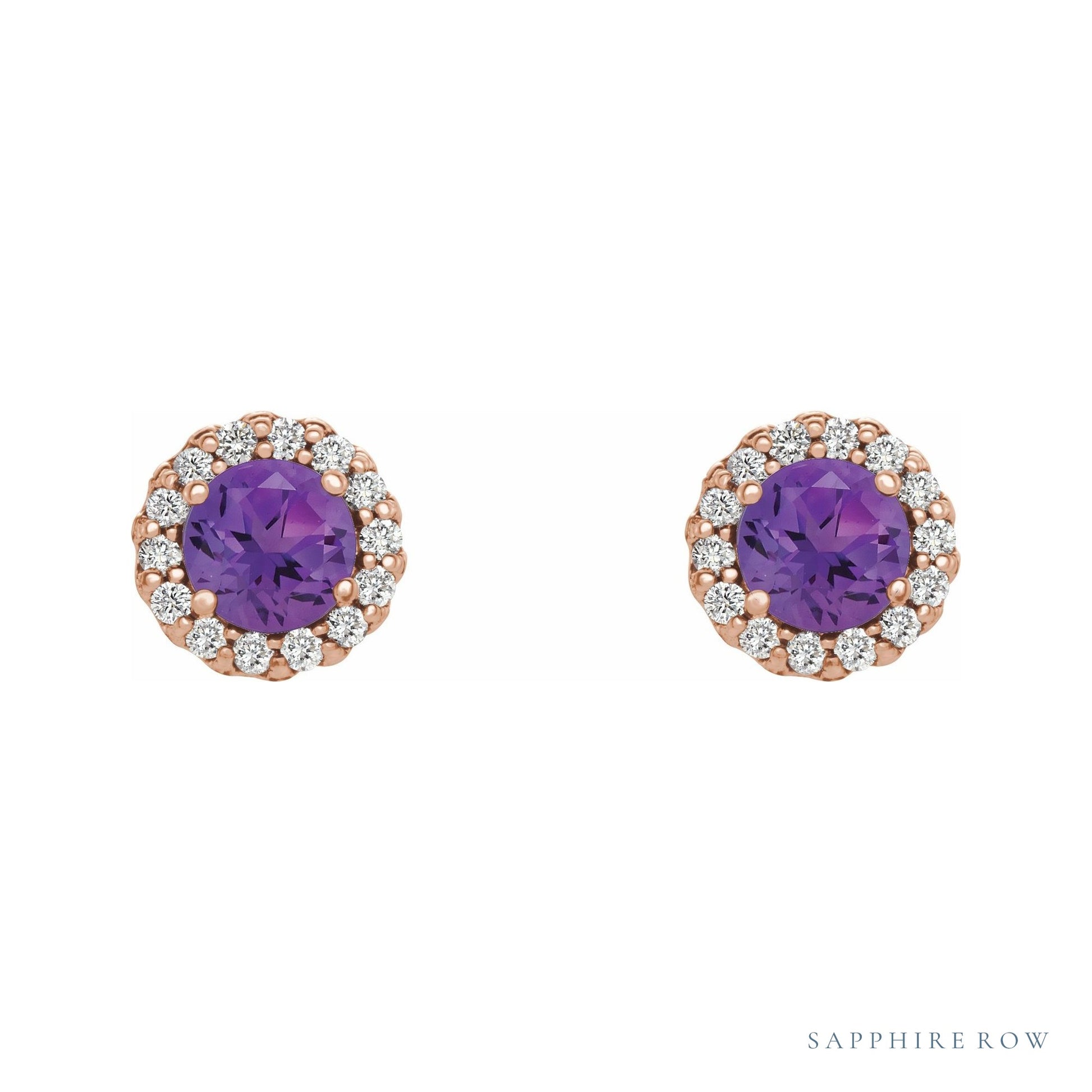 Sapphire Row Natural Gemstone Halo Stud Earrings - Amethyst, 14K Rose Gold, 4.5 mm (view 2)