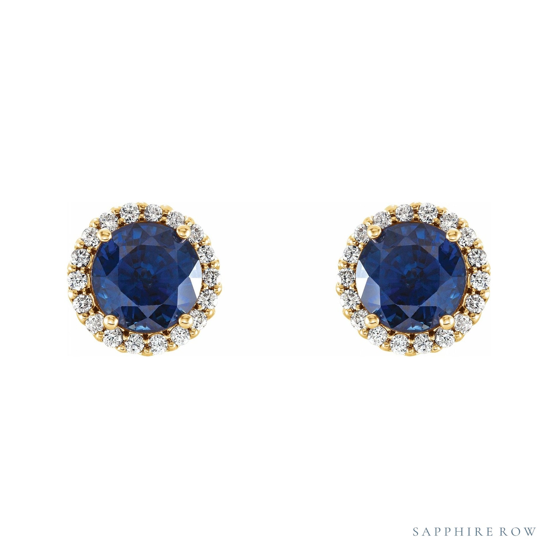 Sapphire Row Natural Gemstone Halo Stud Earrings - Blue Sapphire, 14K Yellow Gold (view 2)