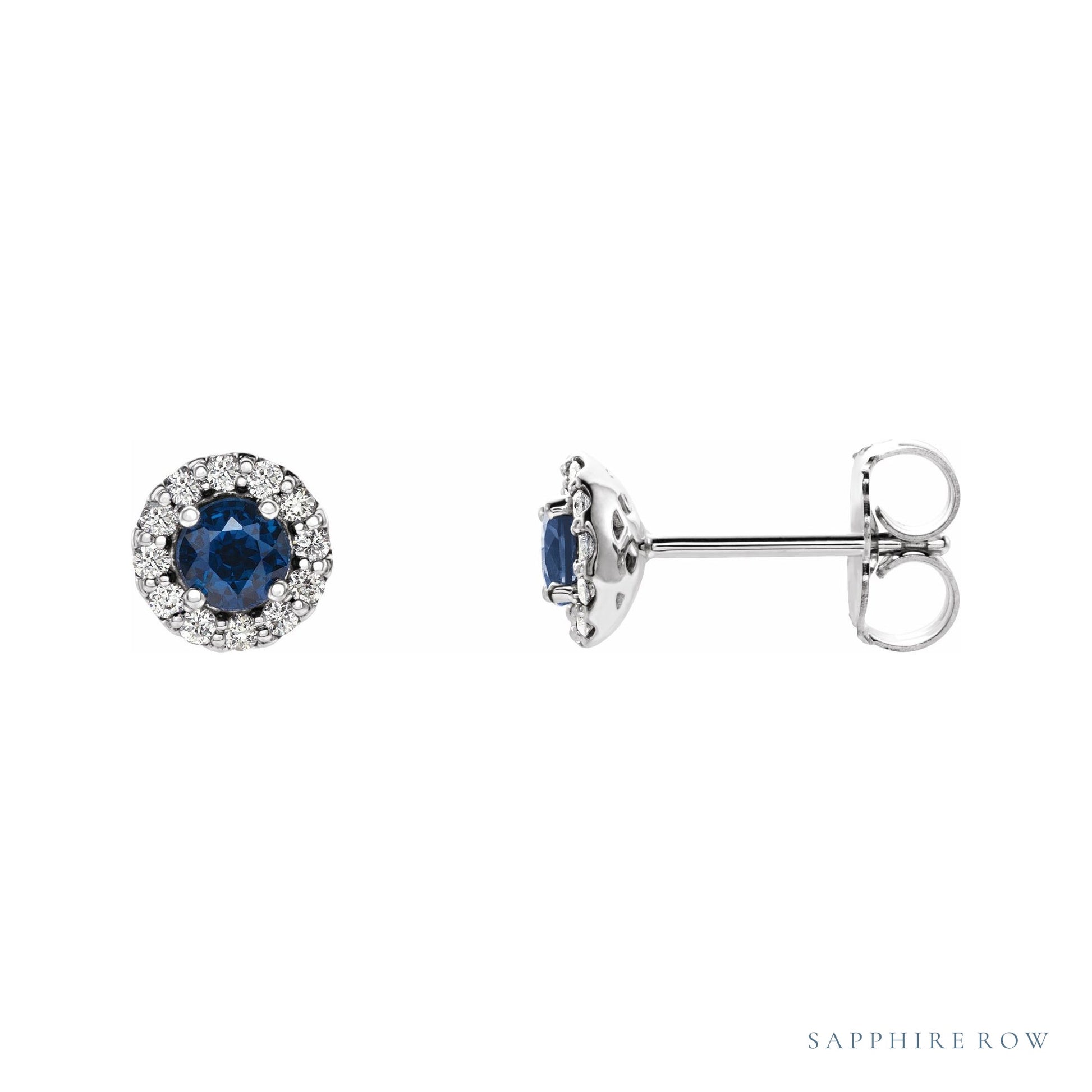 Sapphire Row Natural Gemstone Halo Stud Earrings - Blue Sapphire, Platinum, 3.5 mm