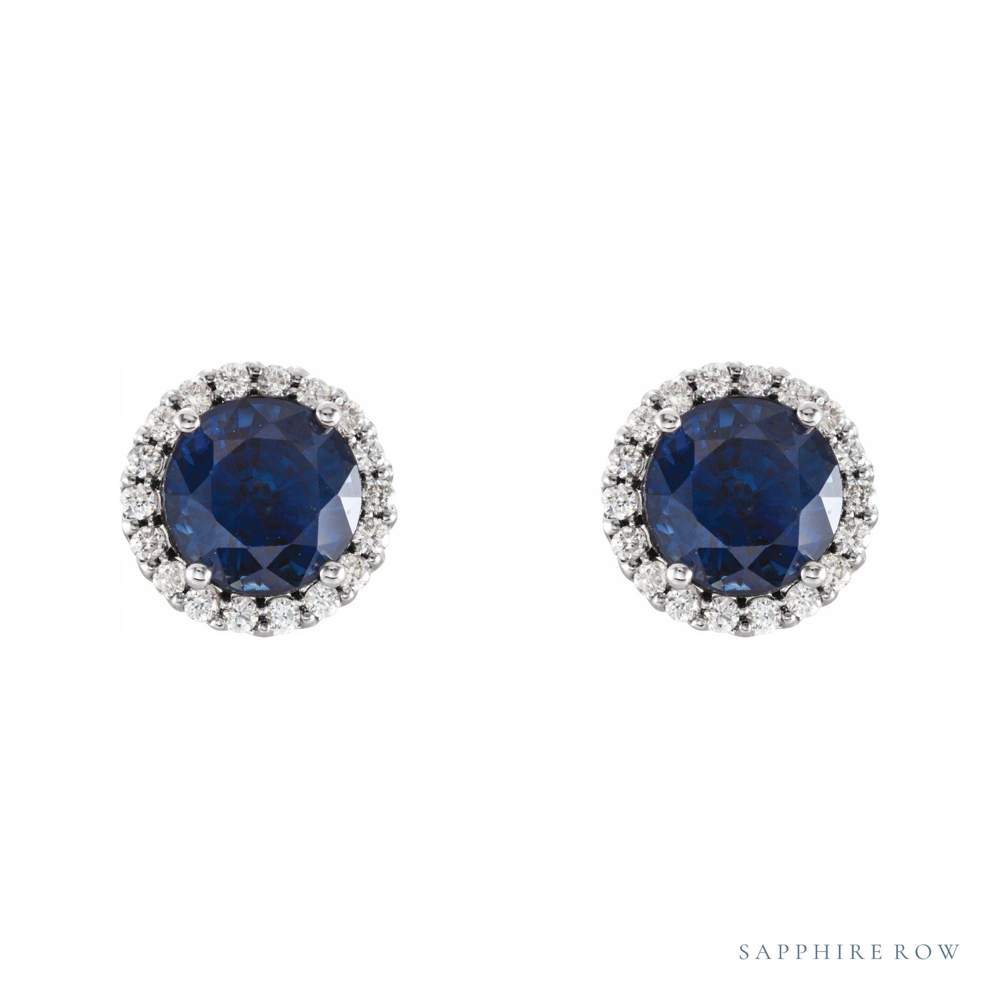 Sapphire Row Natural Gemstone Halo Stud Earrings - Blue Sapphire, Platinum, 3.5 mm (view 2)