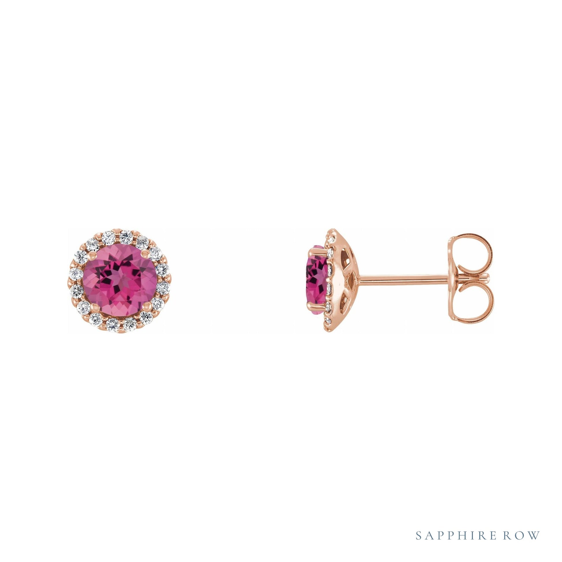 Sapphire Row Natural Gemstone Halo Stud Earrings - Pink Tourmaline, 14K Rose Gold