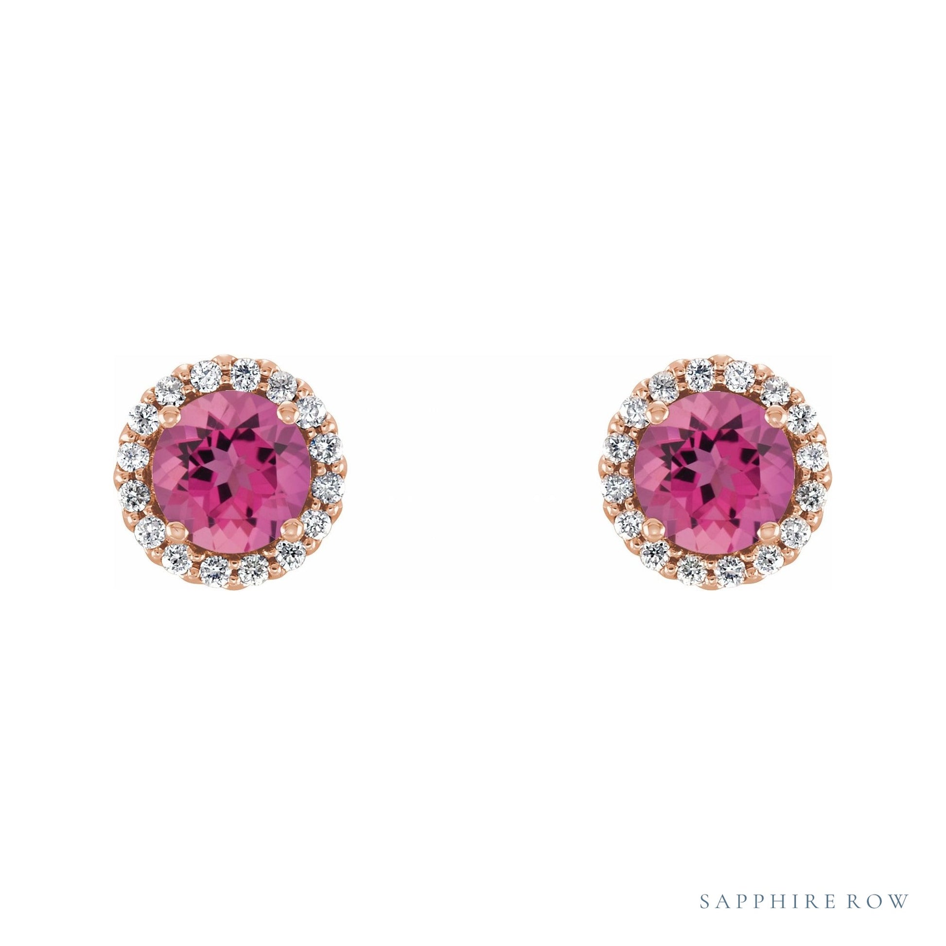 Sapphire Row Natural Gemstone Halo Stud Earrings - Pink Tourmaline, 14K Rose Gold (view 2)