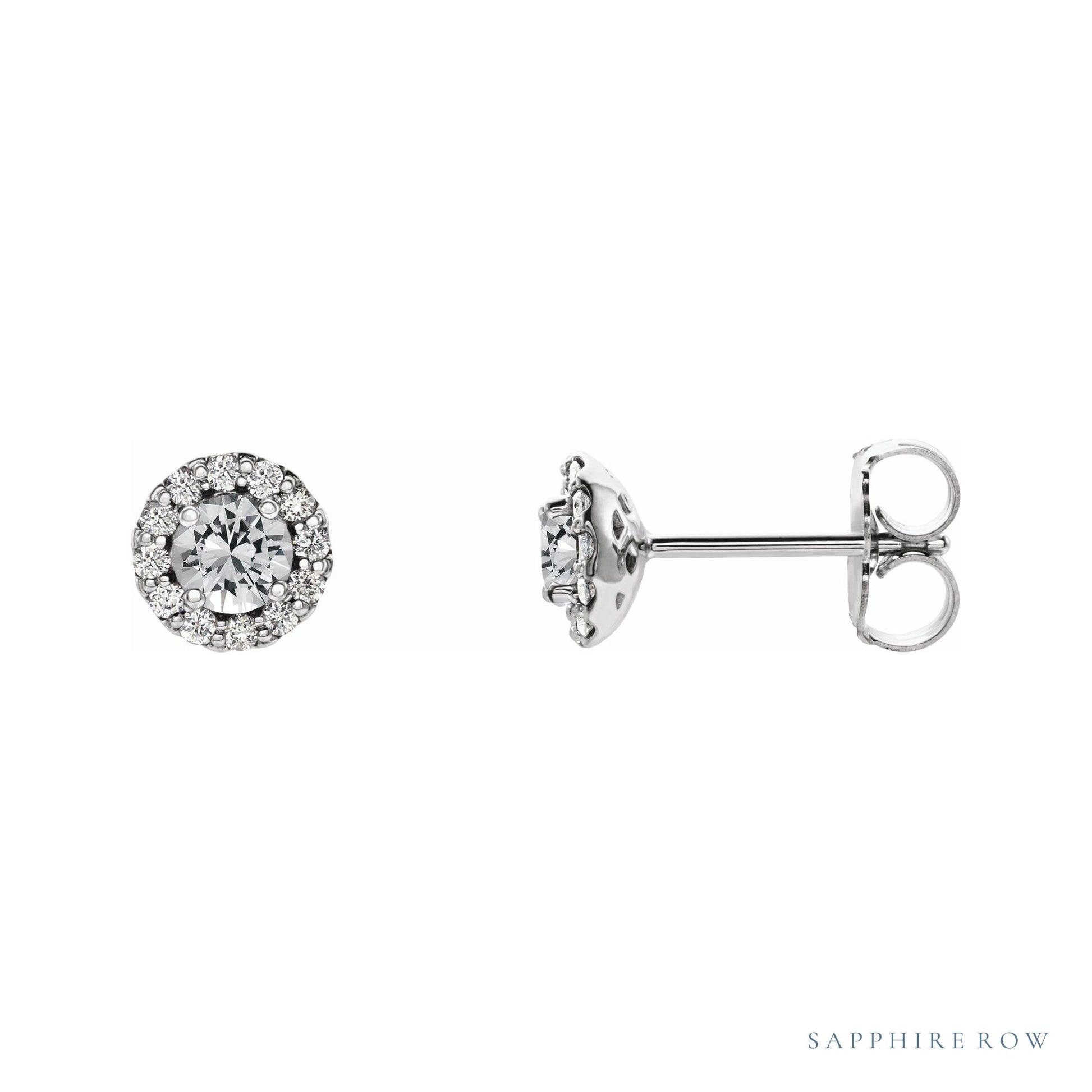 Sapphire Row Natural Gemstone Halo Stud Earrings - White Sapphire, 14K White Gold