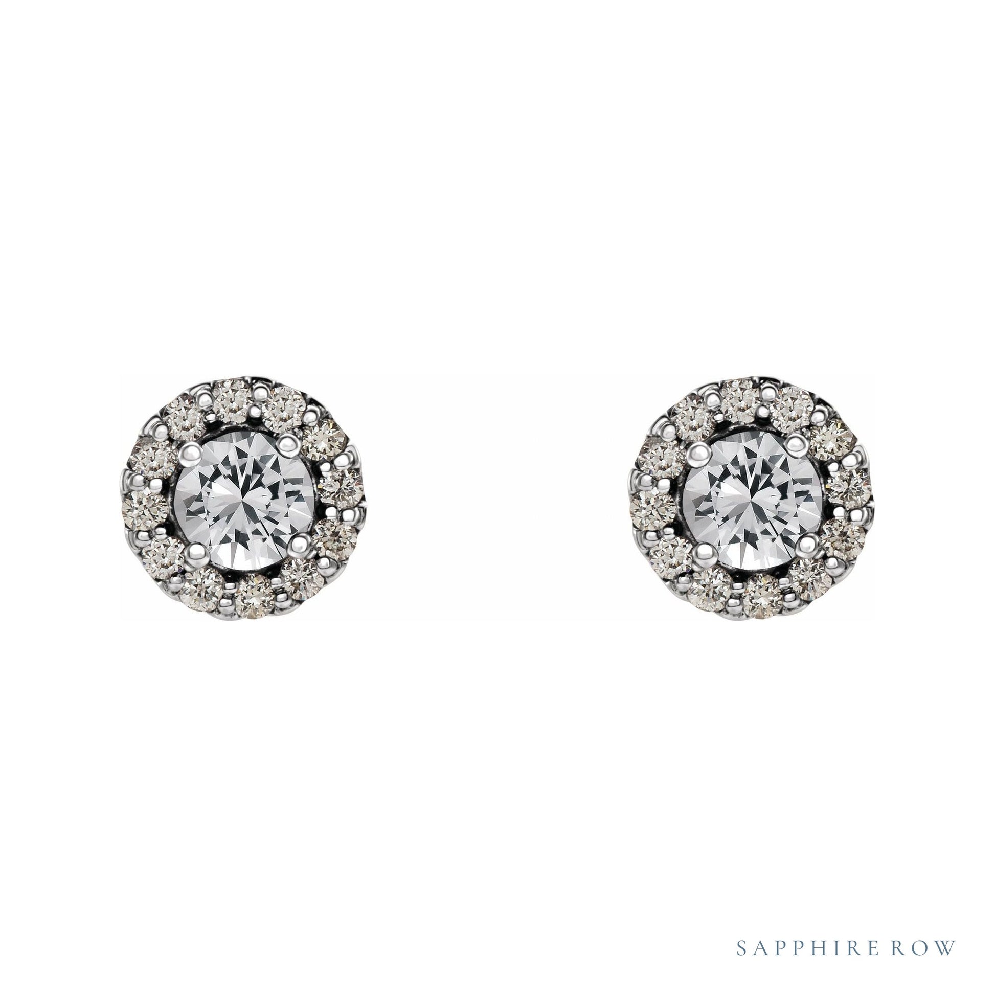 Sapphire Row Natural Gemstone Halo Stud Earrings - White Sapphire, 14K White Gold (view 2)