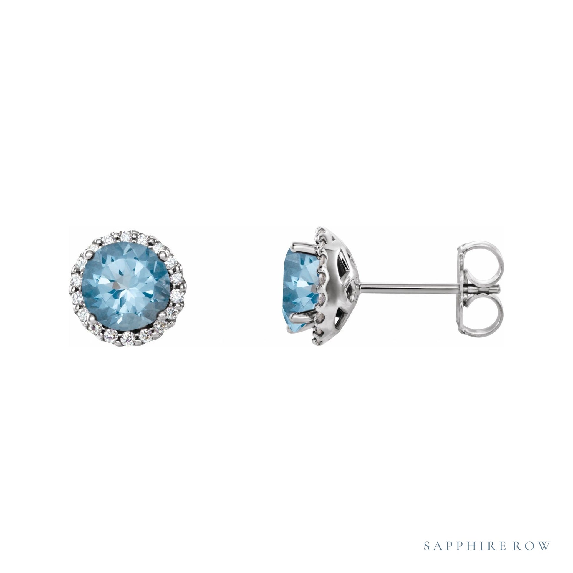Sapphire Row Natural Gemstone Halo Stud Earrings - Aquamarine, Platinum