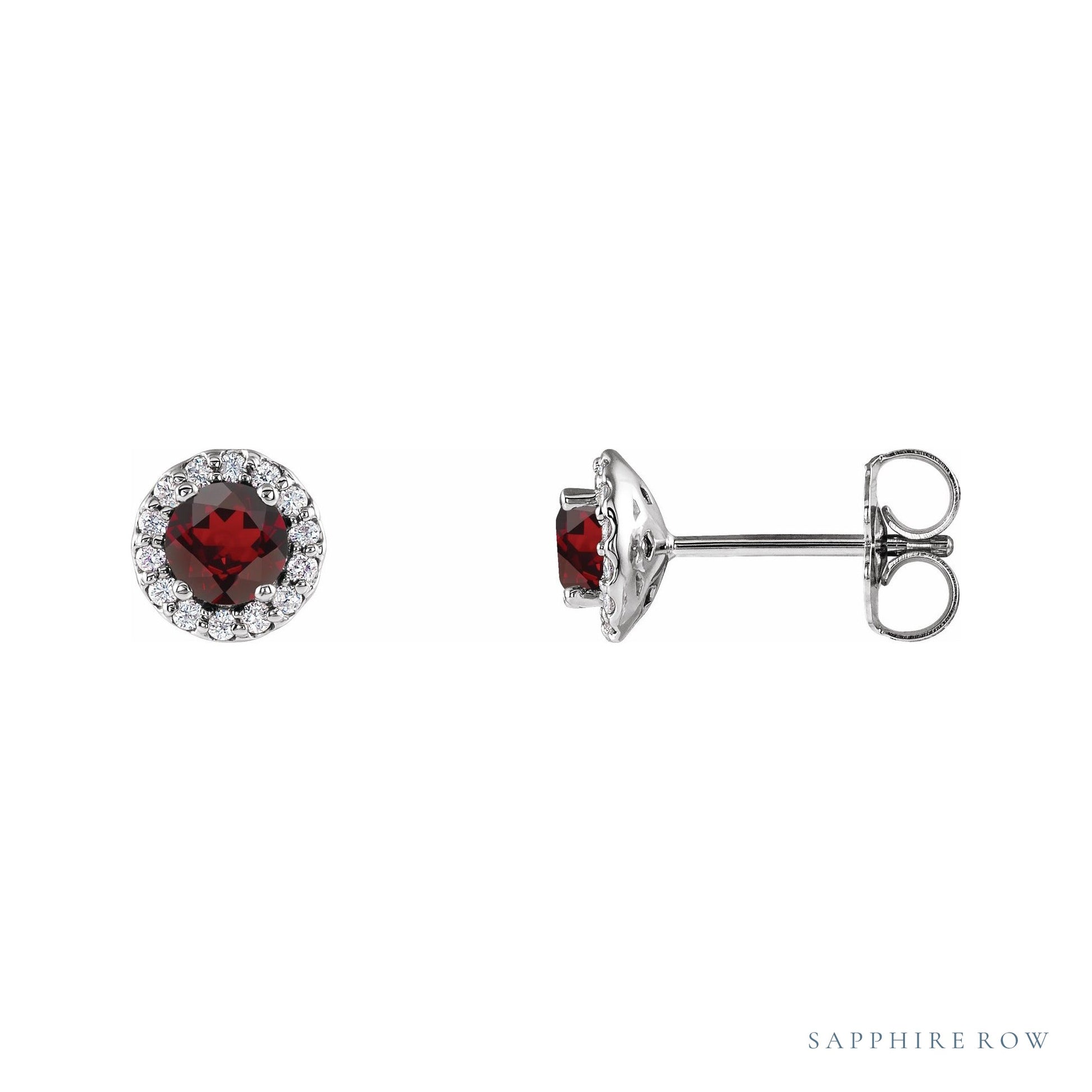 Sapphire Row Natural Gemstone Halo Stud Earrings - Mozambique Garnet, 14K White Gold, 4 mm