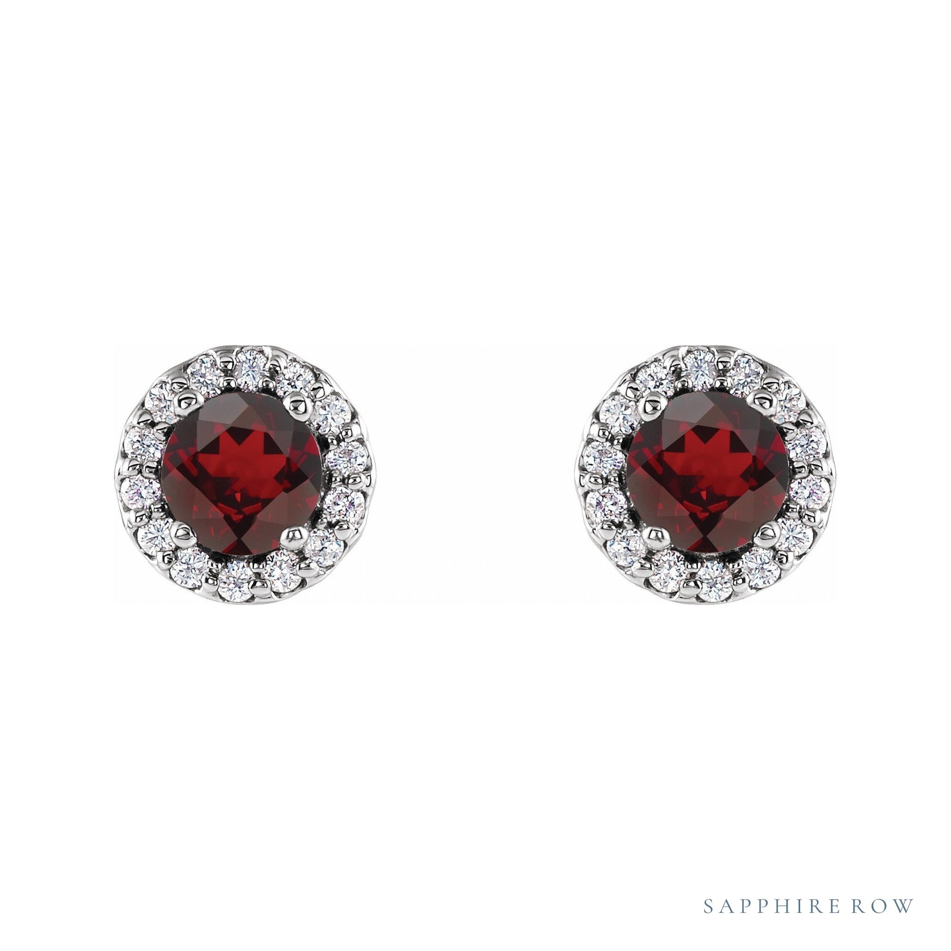 Sapphire Row Natural Gemstone Halo Stud Earrings - Mozambique Garnet, 14K White Gold, 4 mm (view 2)