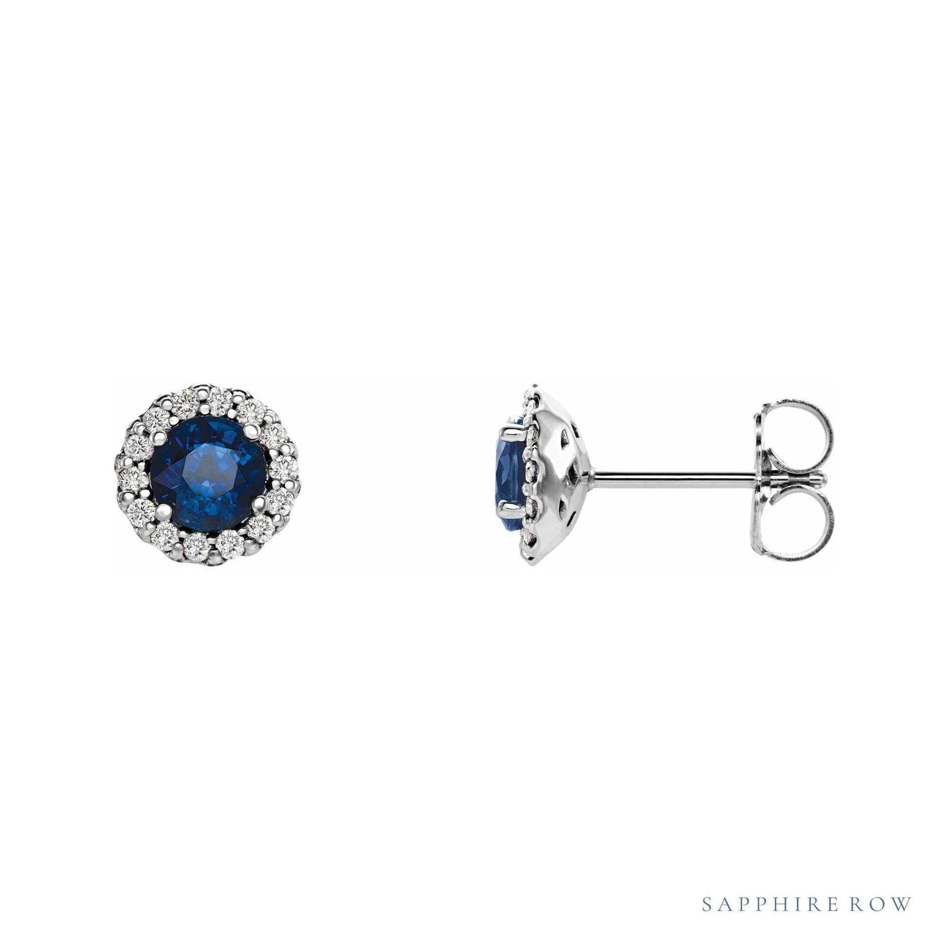 Sapphire Row Natural Gemstone Halo Stud Earrings - Blue Sapphire, 14K White Gold, 4.5 mm
