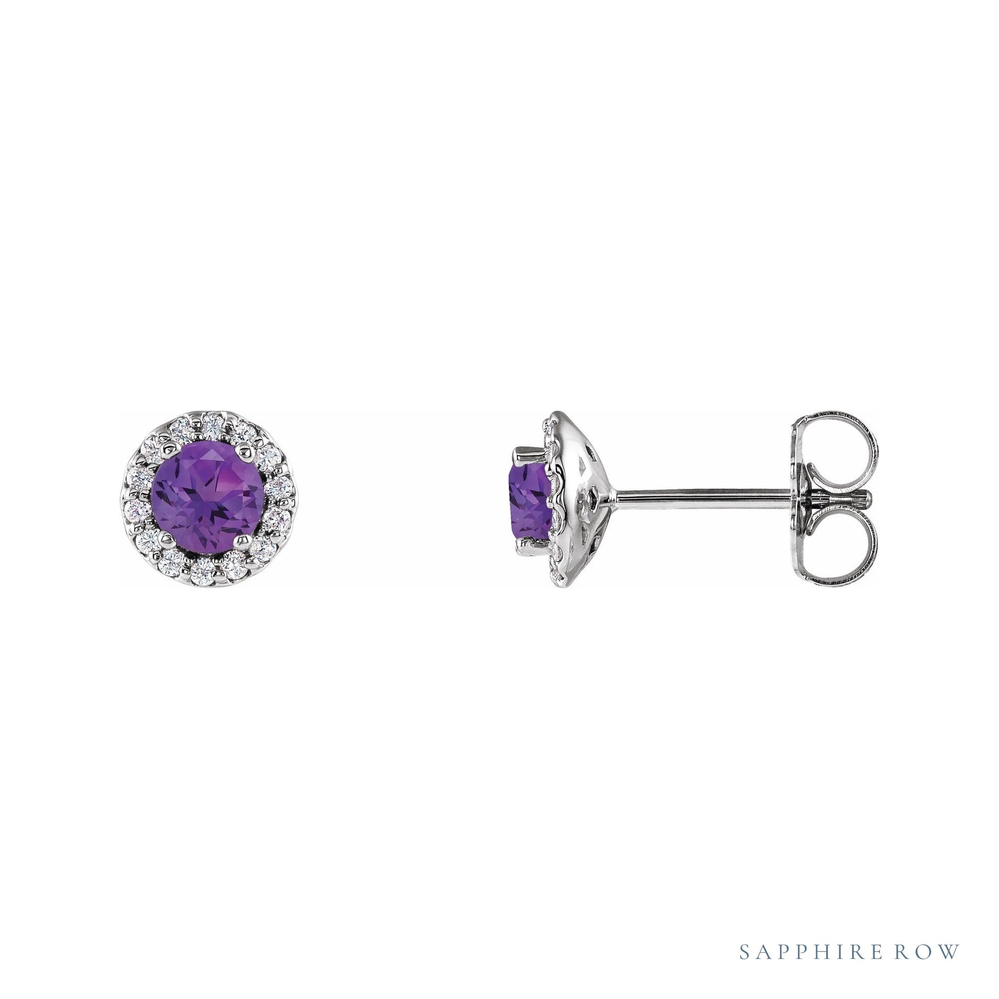 Sapphire Row Natural Gemstone Halo Stud Earrings - Amethyst, 14K White Gold